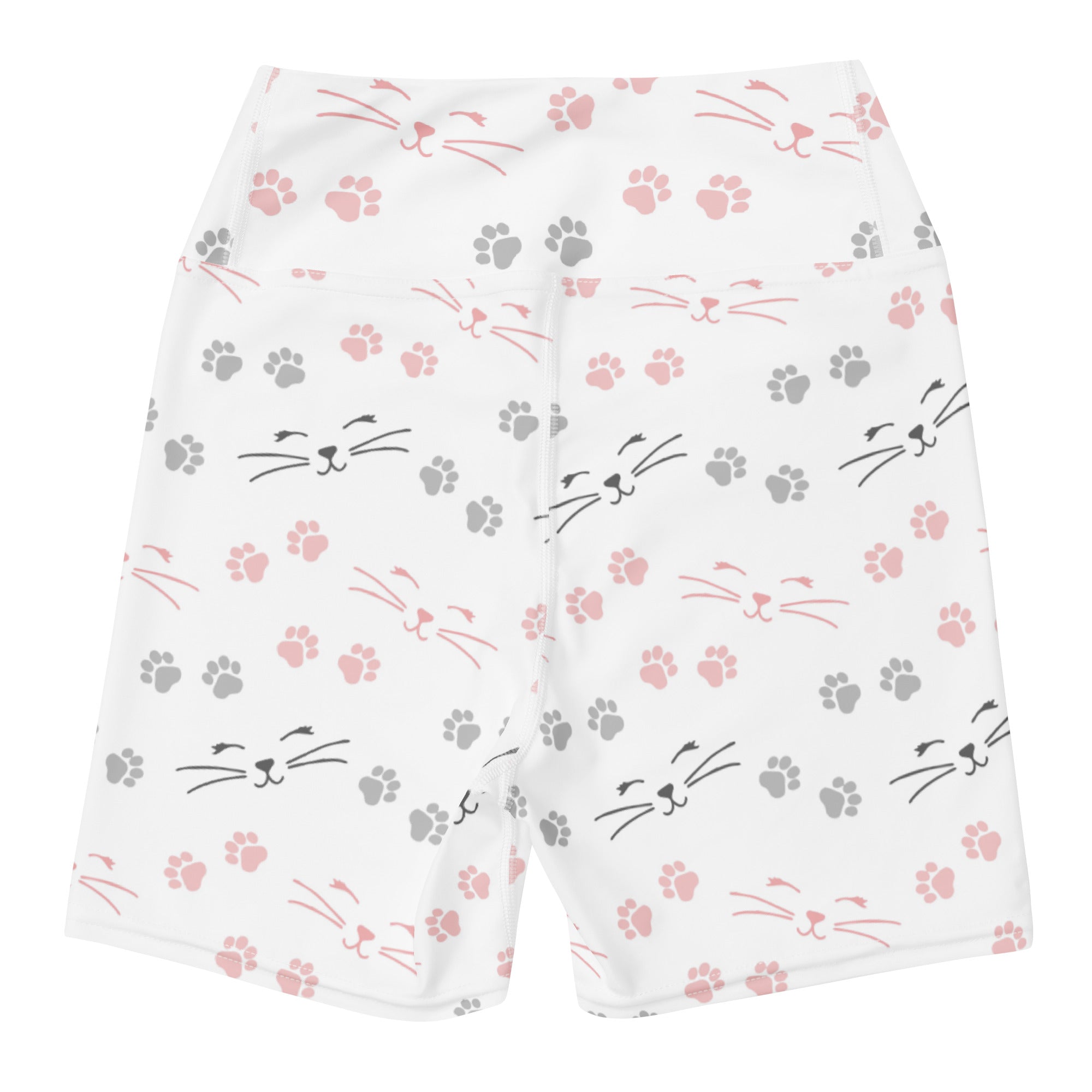 White high waisted buttery soft yoga shorts with pink and gray cat faces and paw prints for women