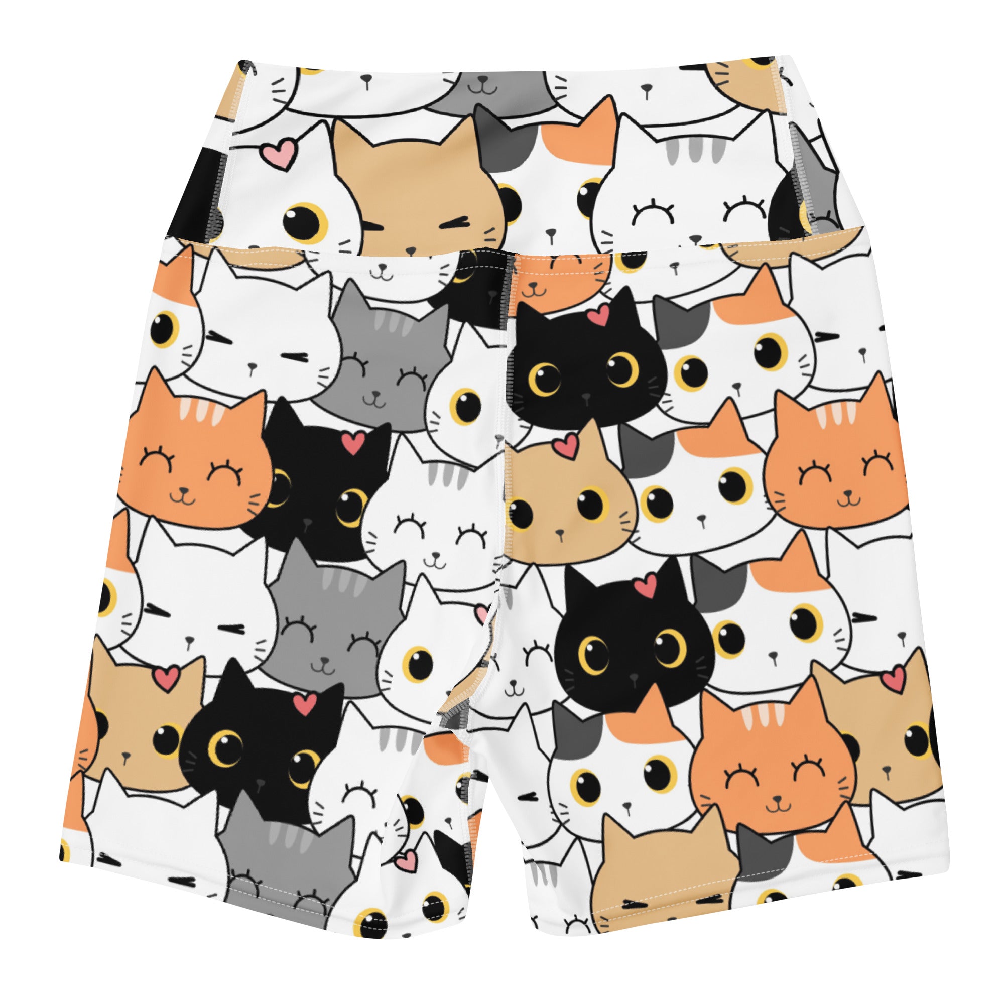 Women’s high waisted white yoga shorts with playful black orange gray cat faces and yellow eyes in buttery soft fabric