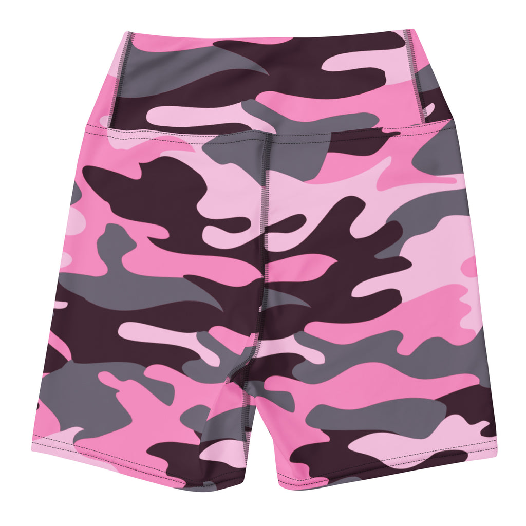 Women’s pink and gray camouflage high waisted buttery soft yoga shorts for active wear