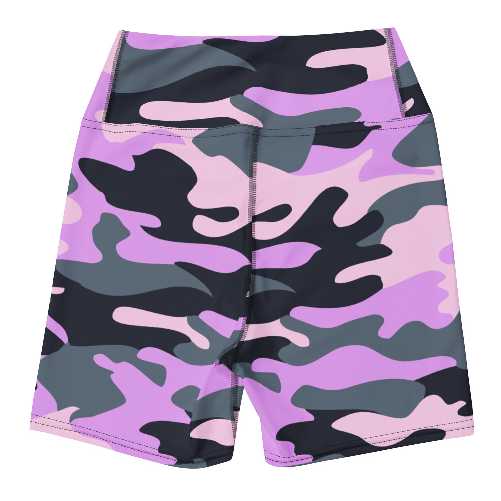 Women’s purple and black camouflage high waisted buttery soft yoga shorts for activewear and fitness