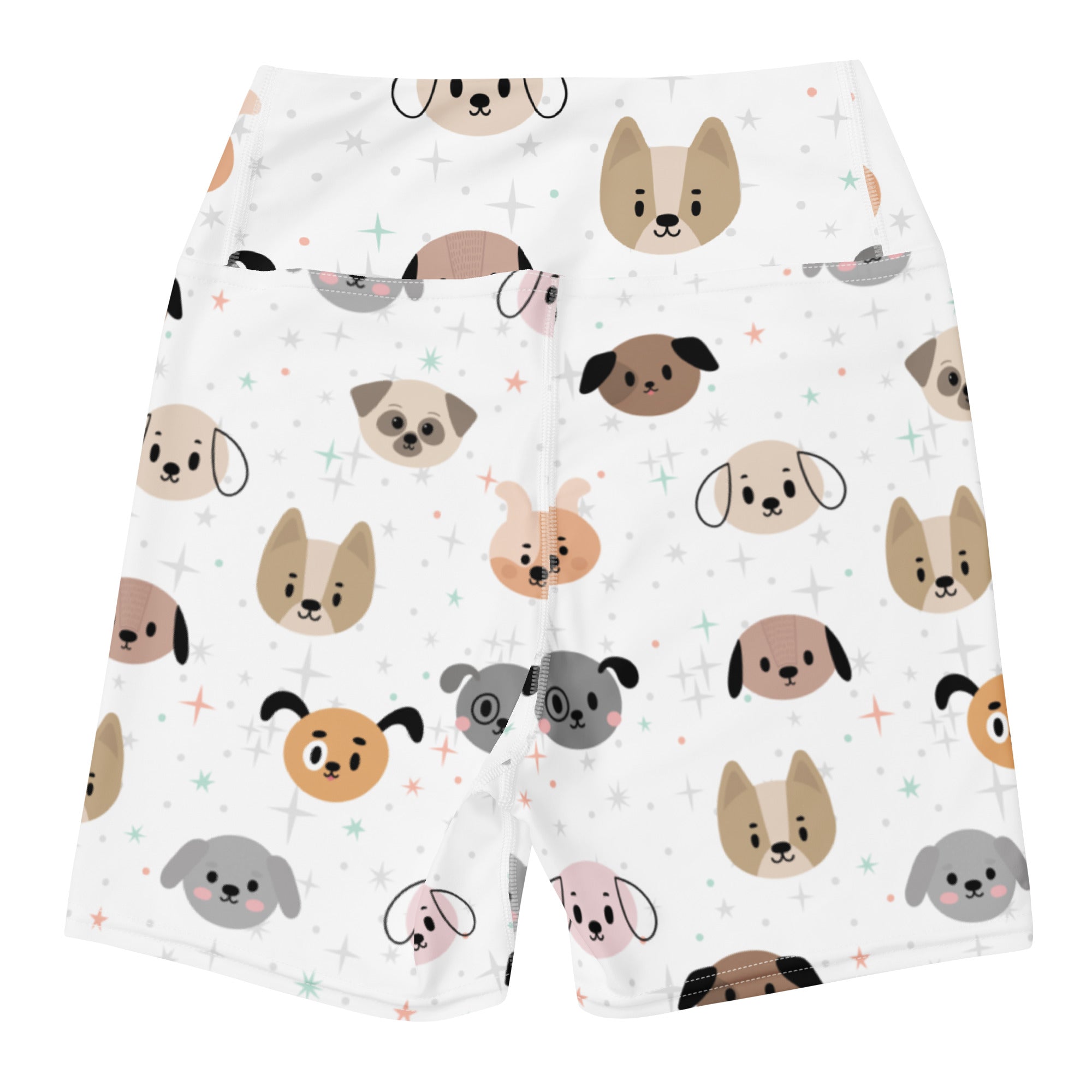 Women’s white high waisted buttery soft yoga shorts with colorful cartoon dog pattern and subtle star accents