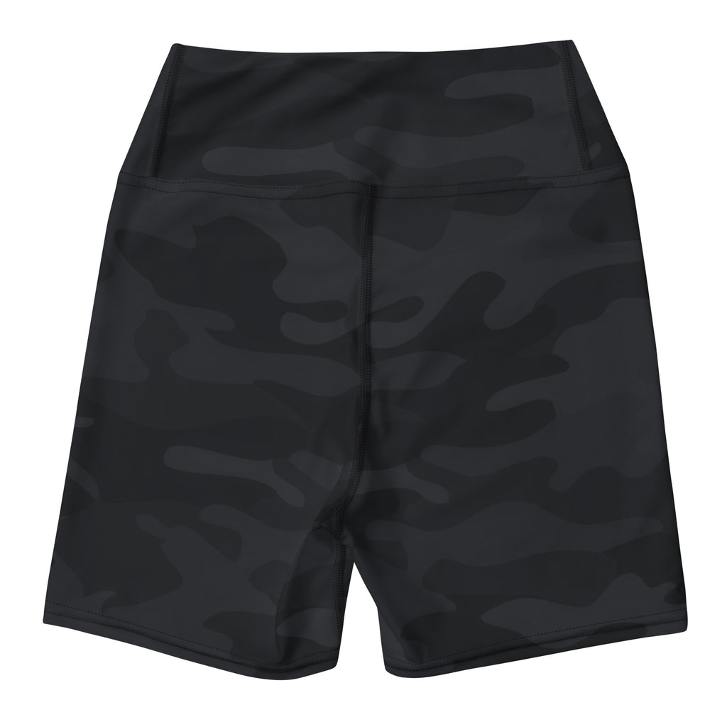Women’s black camouflage high waisted buttery soft yoga shorts designed for active wear and comfort