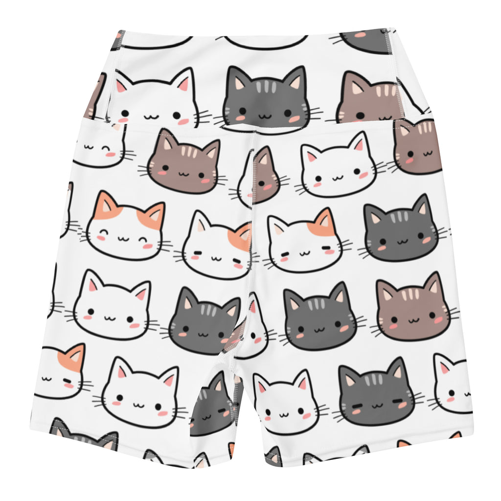 White women’s high waisted buttery soft yoga shorts with playful cartoon cats in white gray and brown with pink cheeks