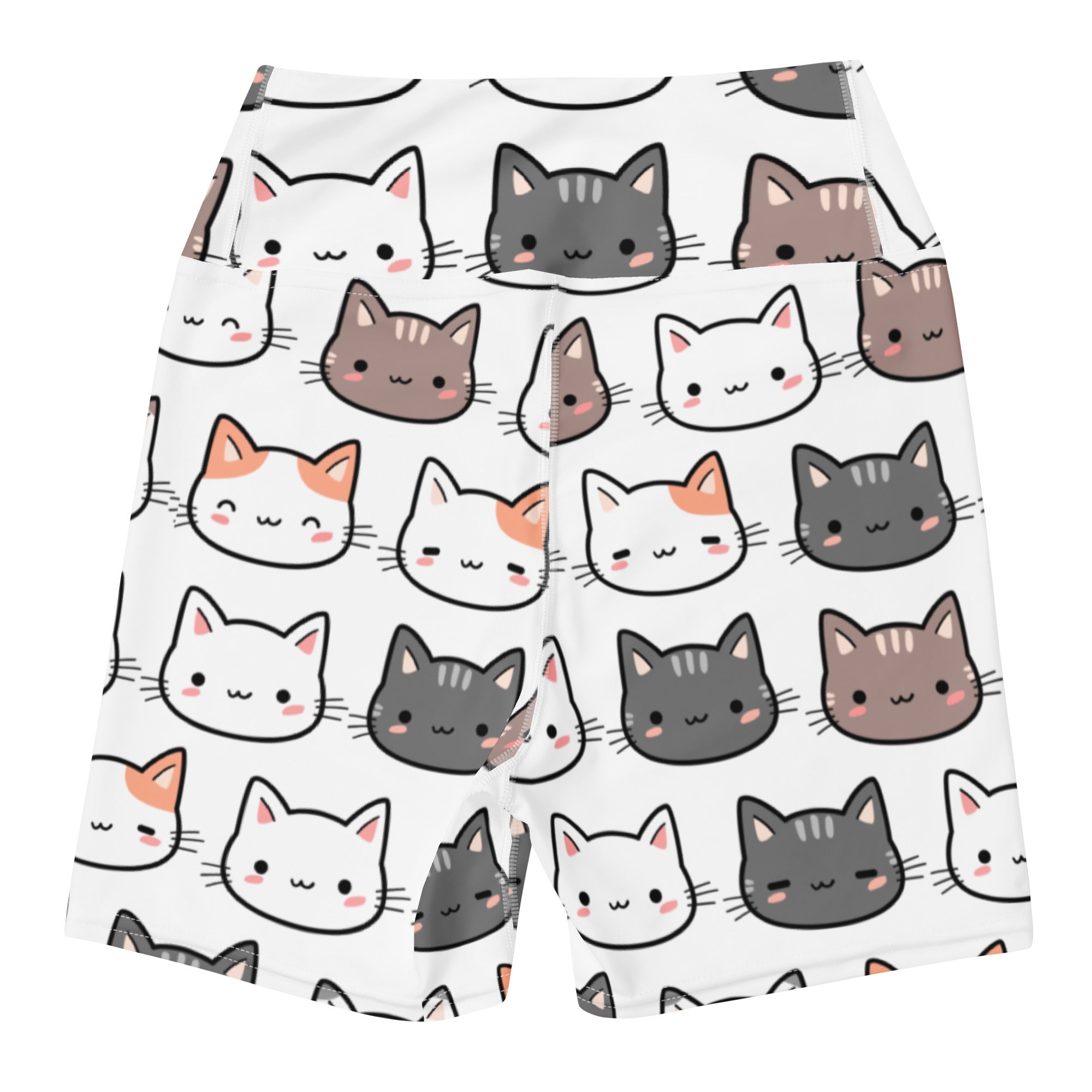 White women’s high waisted buttery soft yoga shorts with playful cartoon cats in white gray and brown with pink cheeks
