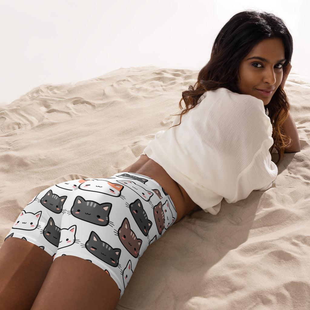 White women’s cat yoga shorts with playful multicolor cartoon cats high waisted buttery soft active pants