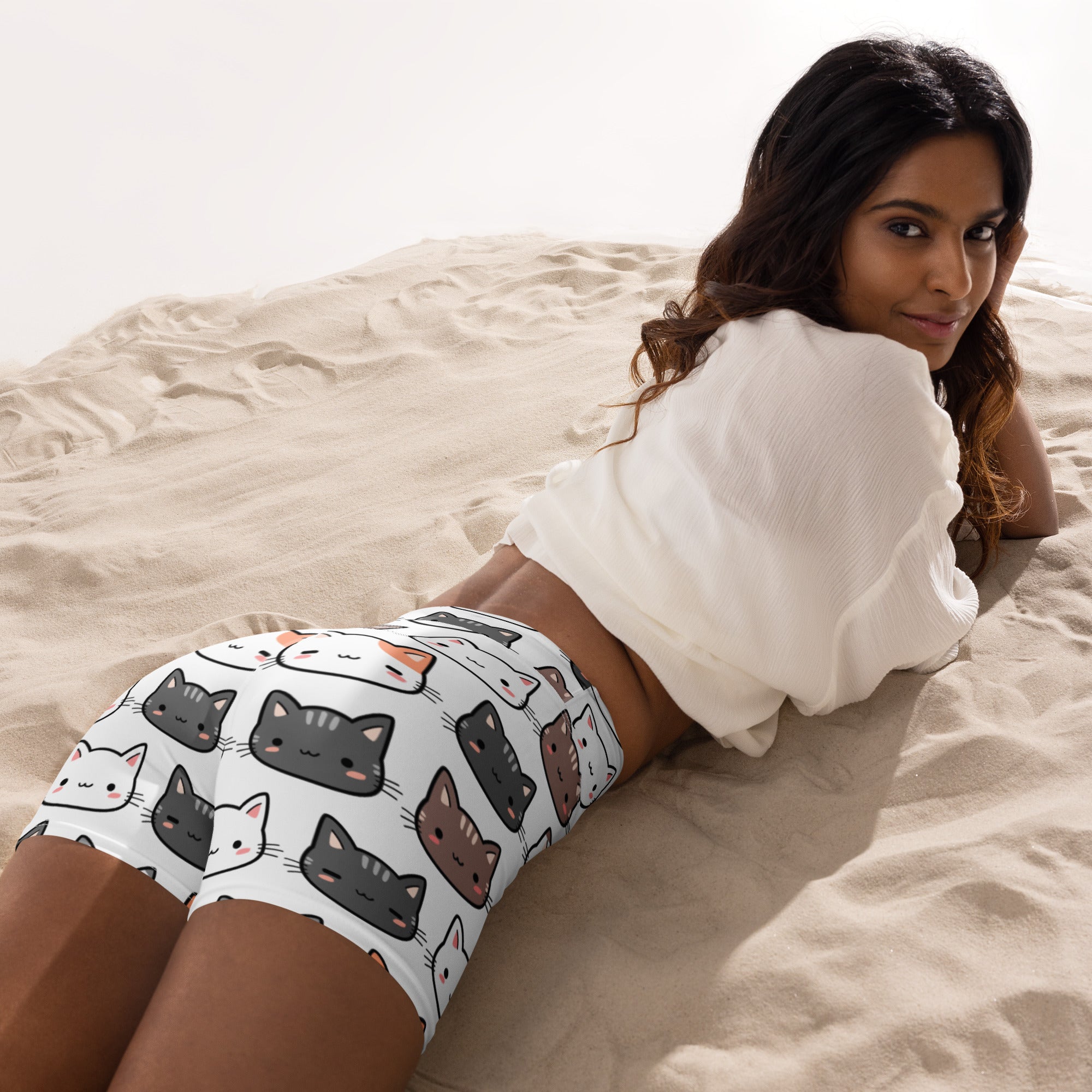 White women’s cat yoga shorts with playful multicolor cartoon cats high waisted buttery soft active pants