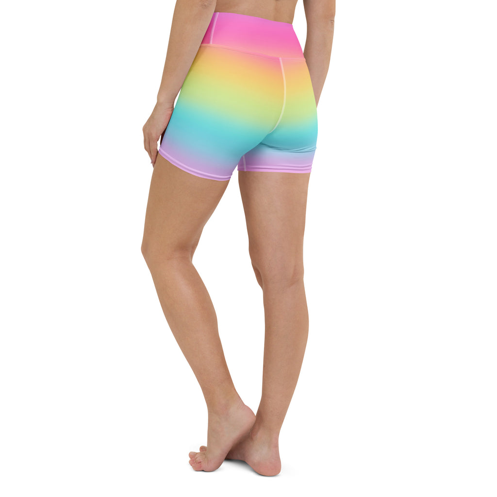 Women’s bright rainbow high waisted yoga shorts in stretchy buttery soft fabric for active wear