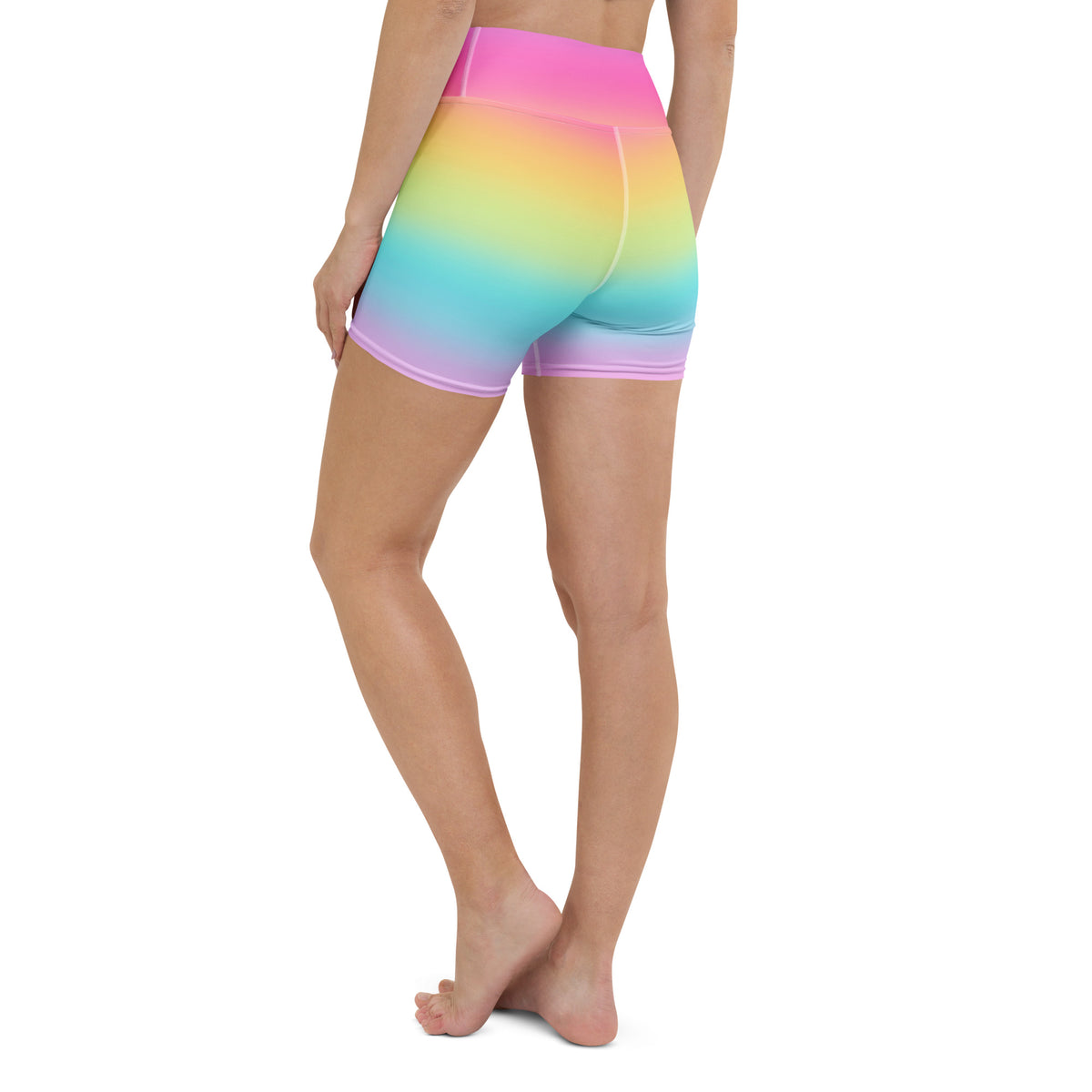 Women’s bright rainbow high waisted yoga shorts in stretchy buttery soft fabric for active wear