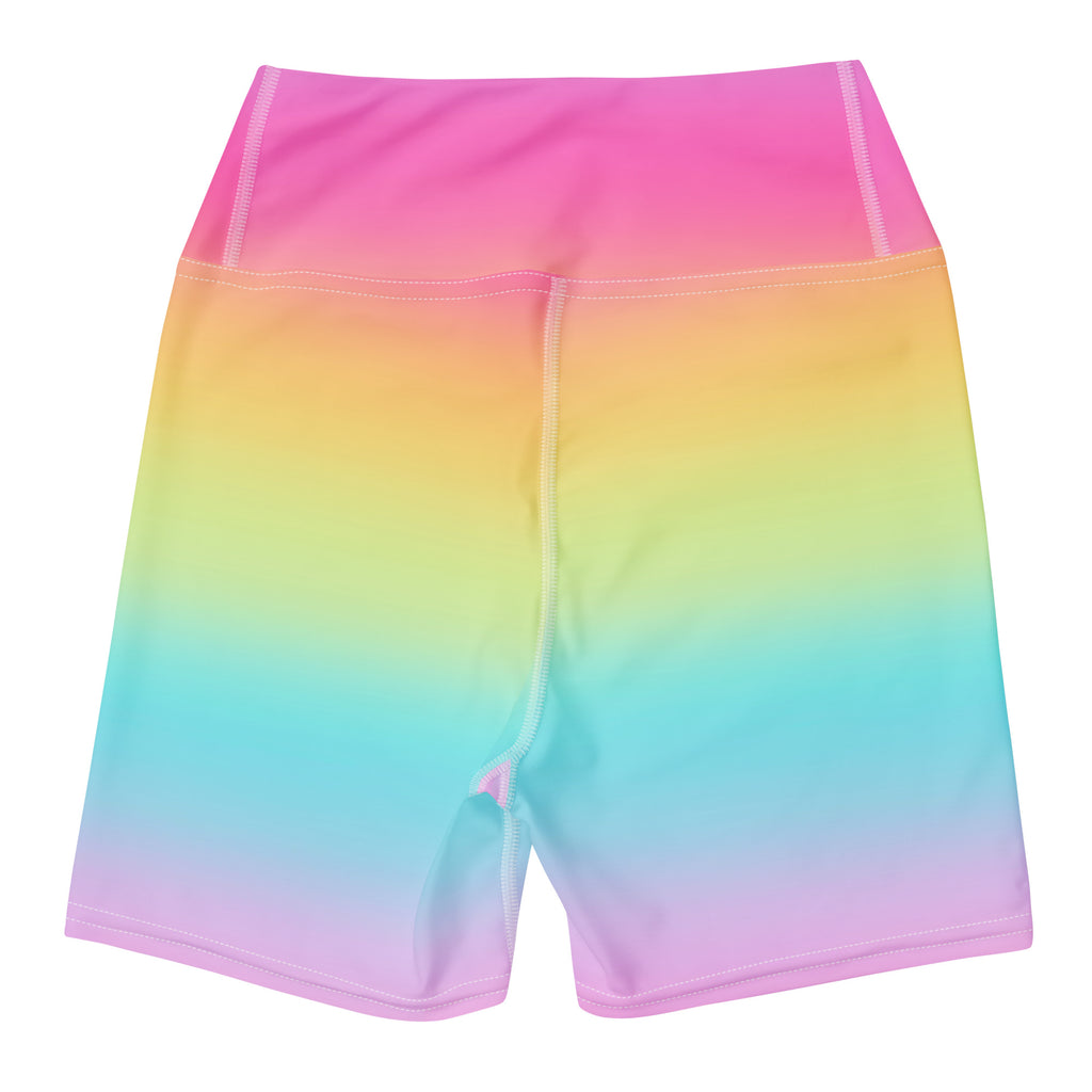 Women’s bright rainbow high-waisted yoga shorts in stretchy seamless buttery soft fabric for active wear