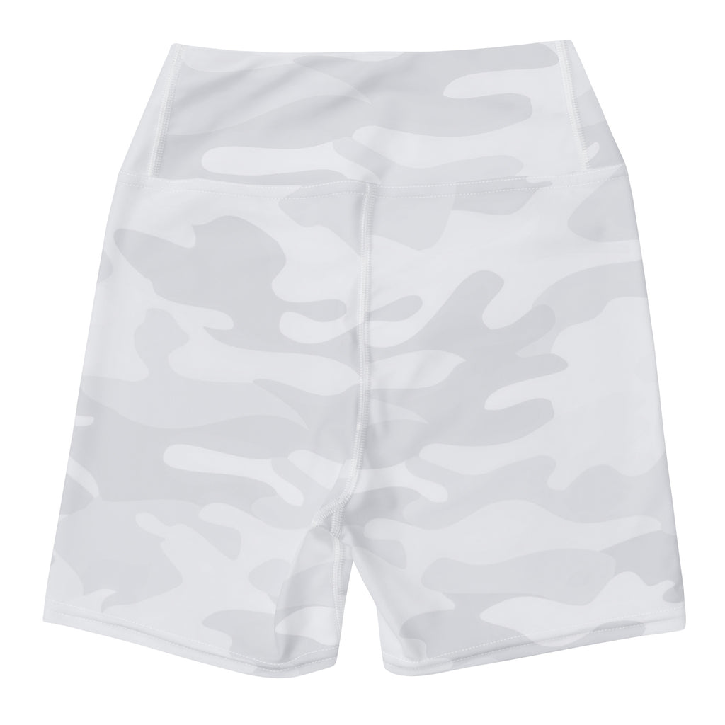 Women’s white camouflage high waisted yoga shorts made from buttery soft fabric for activewear use