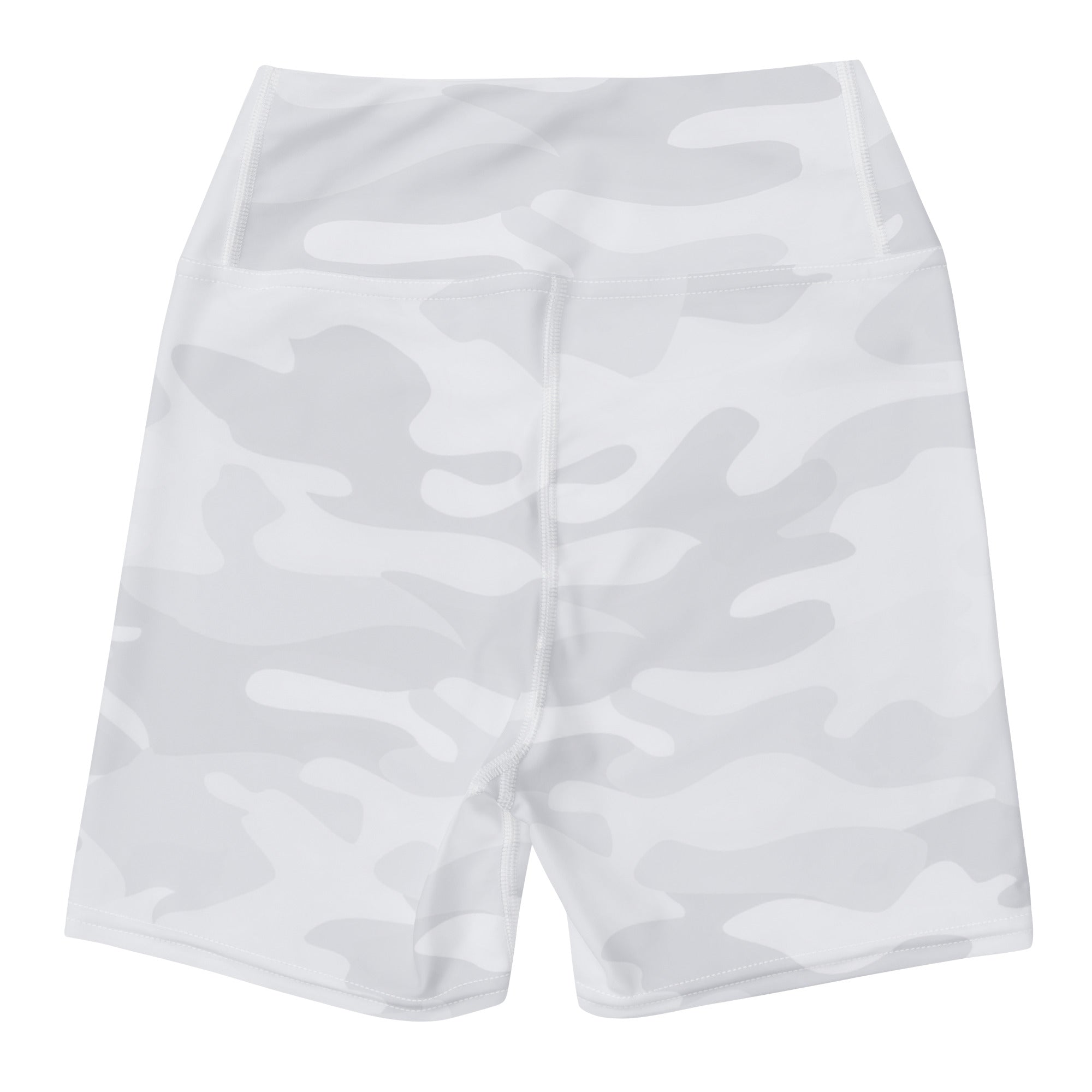 Women’s white camouflage high waisted yoga shorts made from buttery soft fabric for activewear use