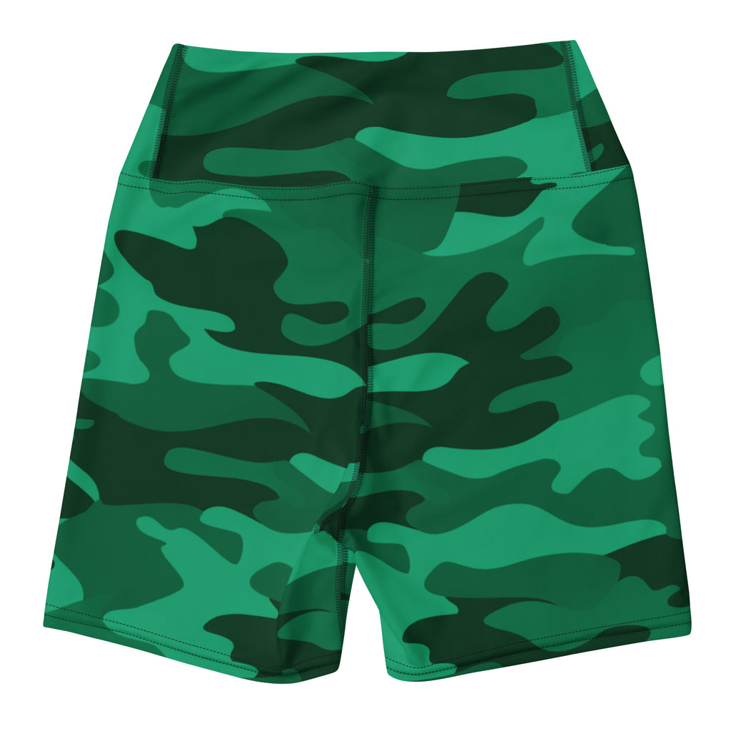Women’s green camouflage high waisted yoga shorts made of buttery soft fabric for activewear and comfort