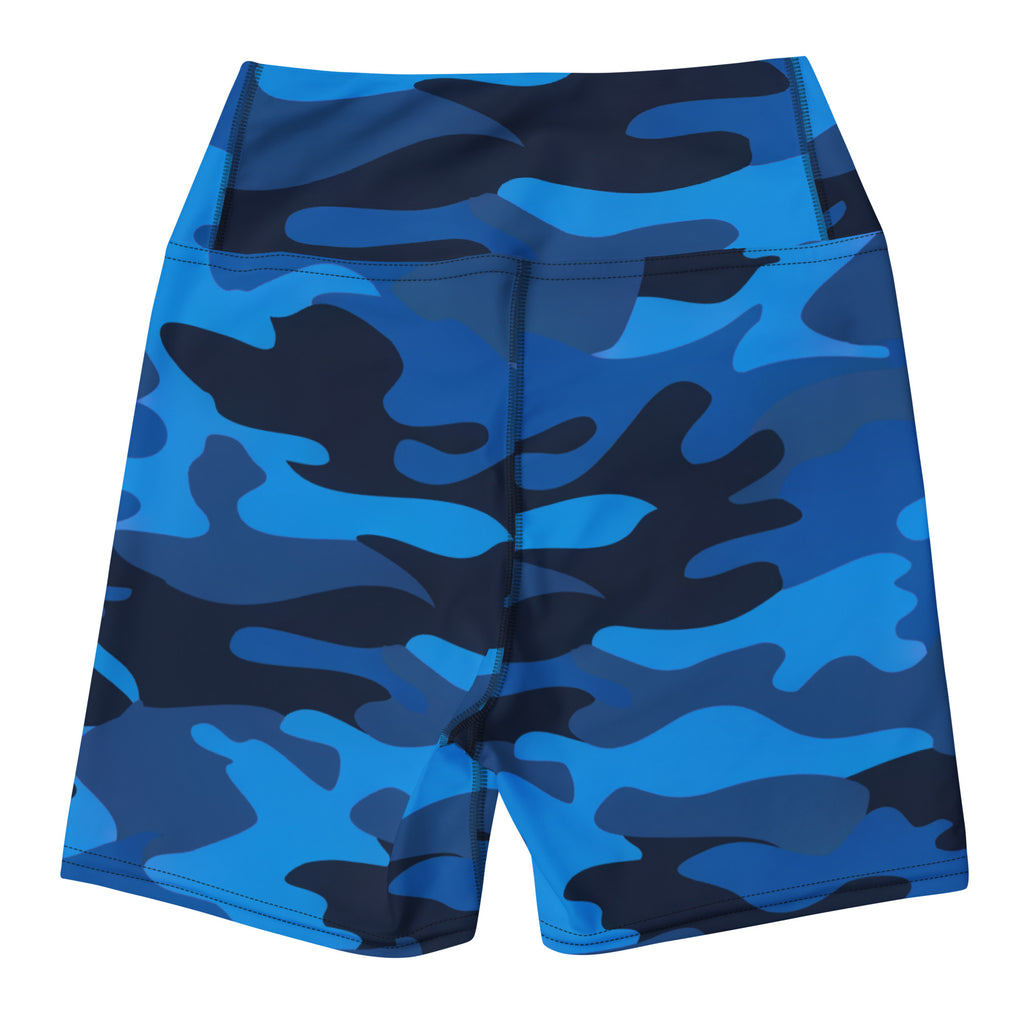 Women’s high waisted buttery soft blue and black camouflage yoga shorts designed for active wear