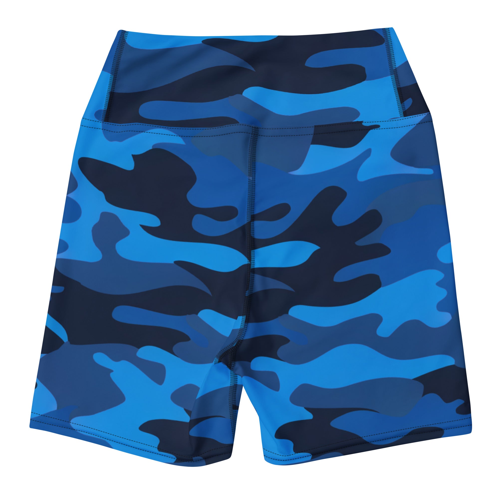 Women’s high waisted buttery soft blue and black camouflage yoga shorts designed for active wear