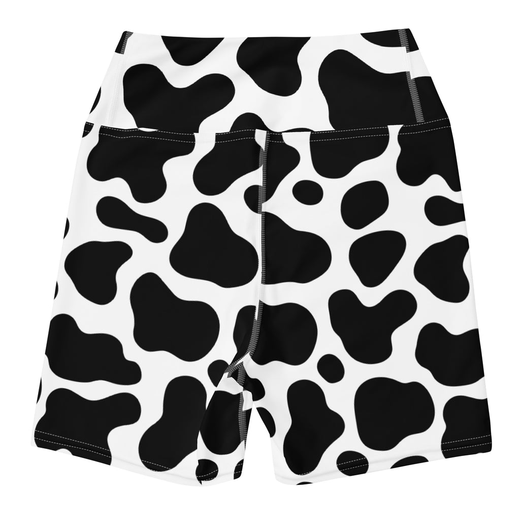 Women’s cow print yoga shorts high waisted black and white buttery soft activewear pants front view