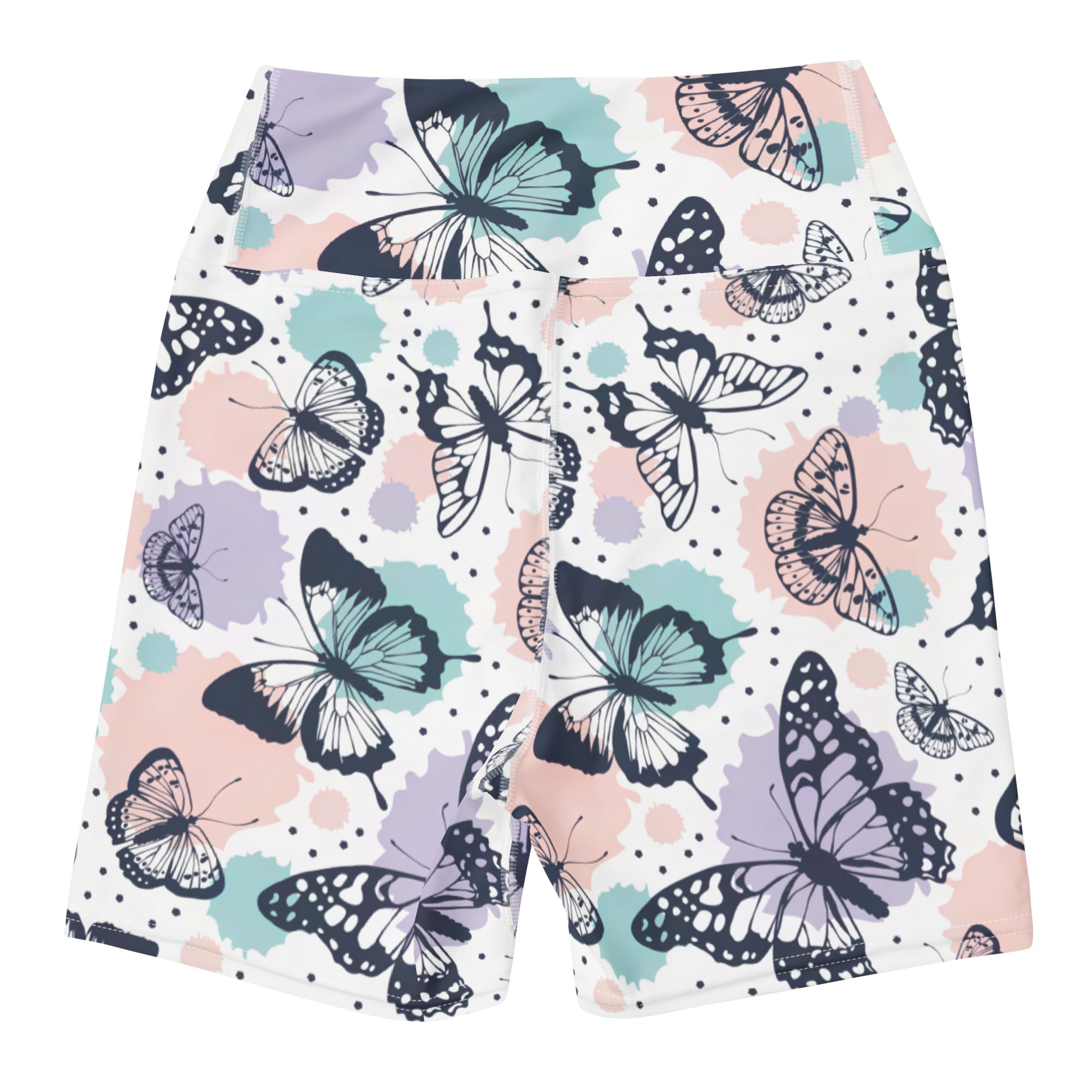 Women’s white high waisted buttery soft yoga shorts with vibrant black teal and pink butterfly pattern and polka dots