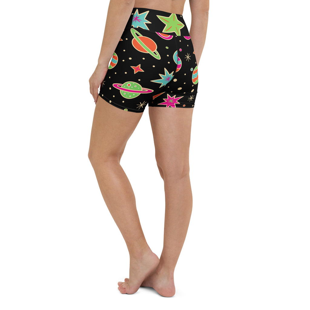 Women’s retro space high waisted black yoga shorts with vibrant neon planets stars buttery soft fabric
