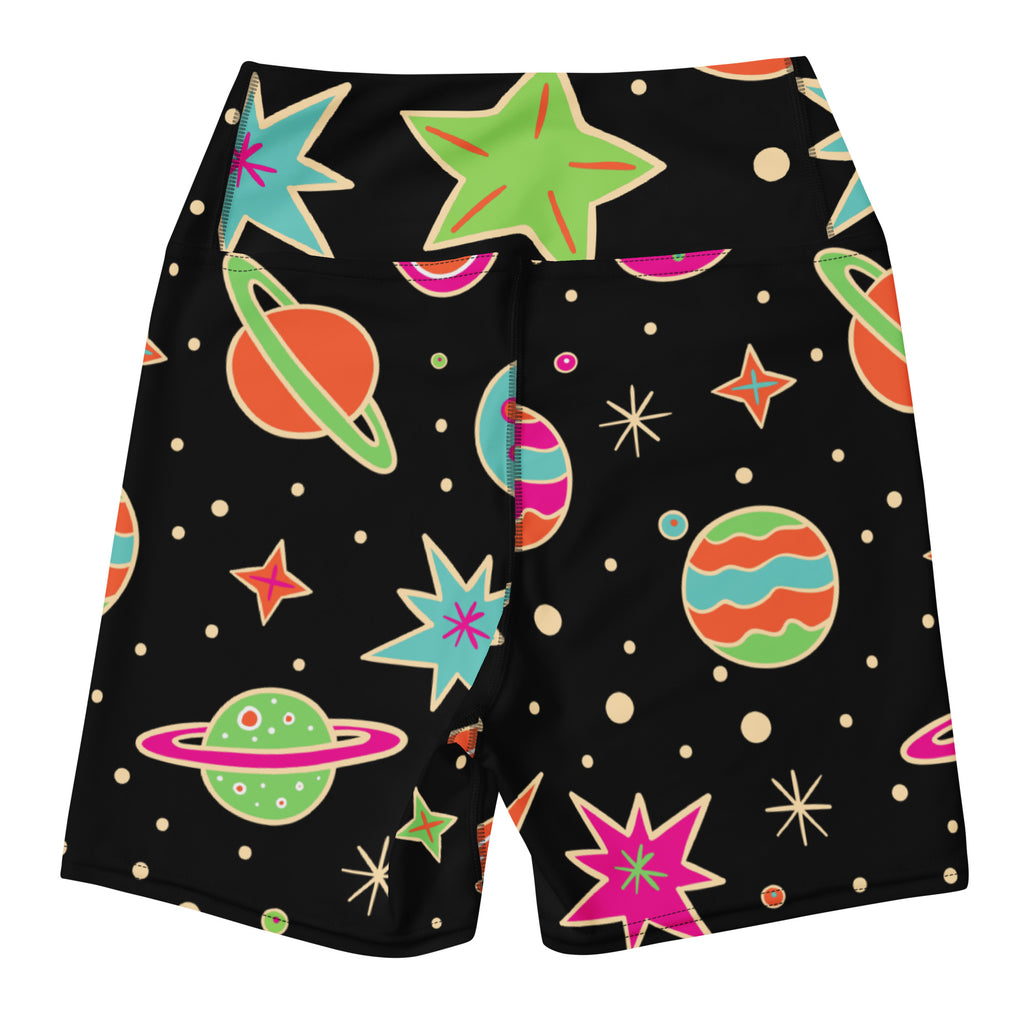 Women’s high waisted buttery soft black yoga shorts with vibrant retro neon green pink orange and teal space pattern