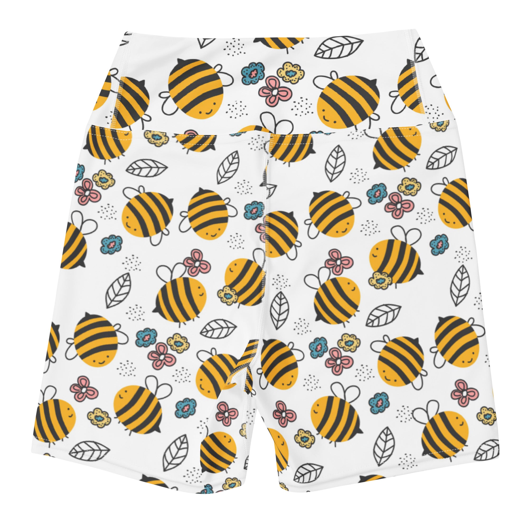 White women’s high waisted buttery soft yoga shorts with yellow and black bumblebee and colorful floral pattern