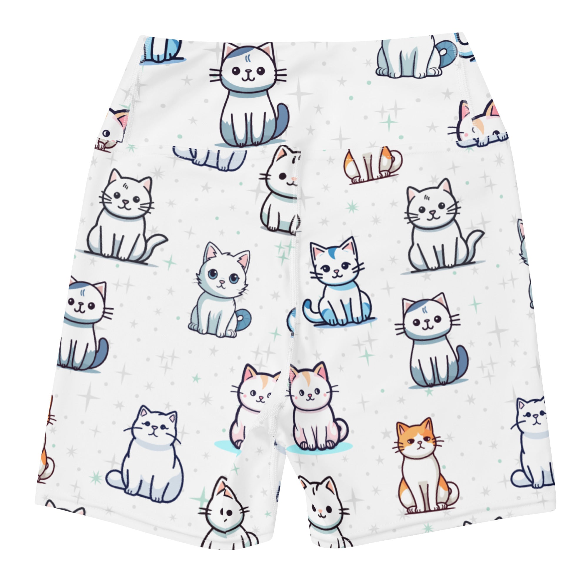 Women’s white high waisted buttery soft yoga shorts with playful multicolor cartoon cat pattern and black outlines