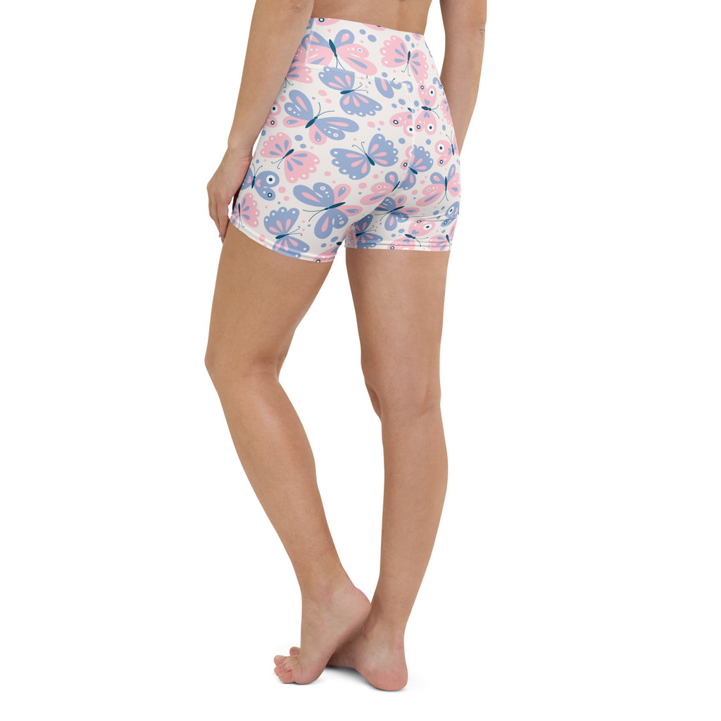 White high-waisted buttery soft yoga shorts with pink and blue butterfly print and black outlines for women