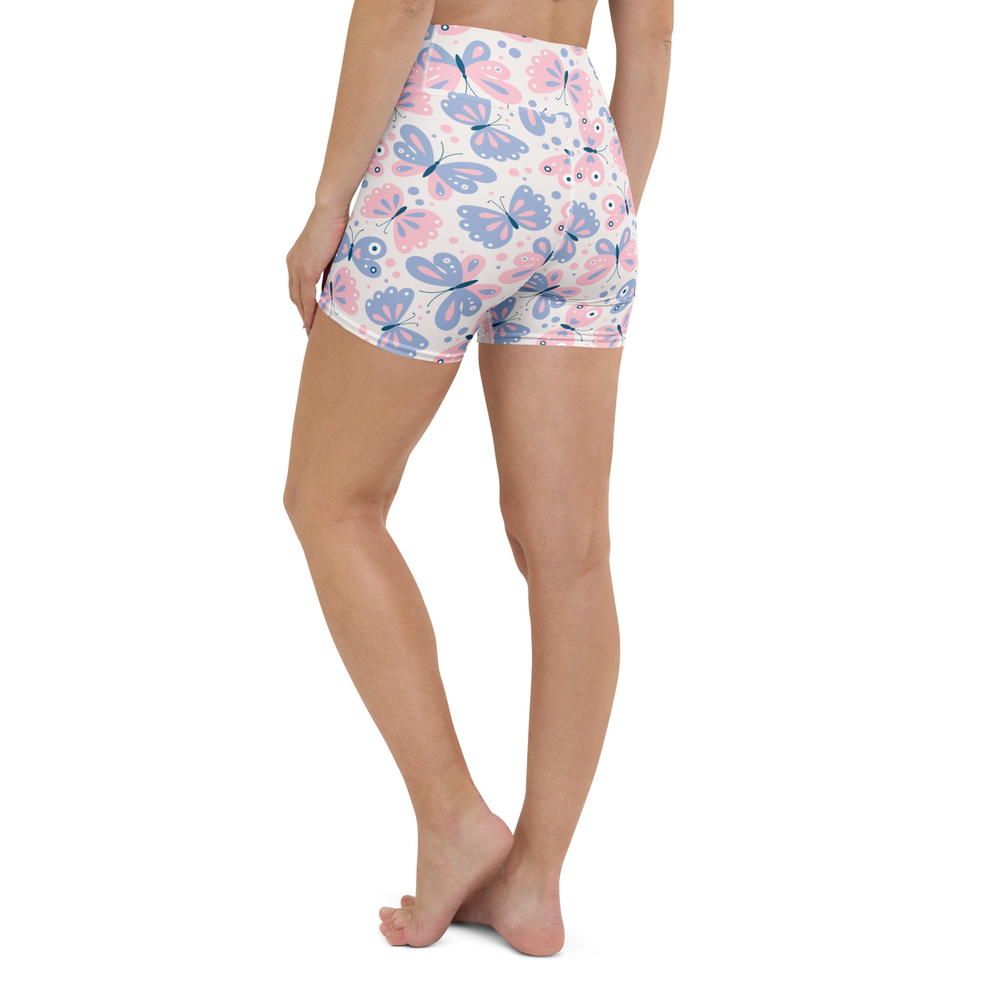 White high-waisted buttery soft yoga shorts with pink and blue butterfly print and black outlines for women