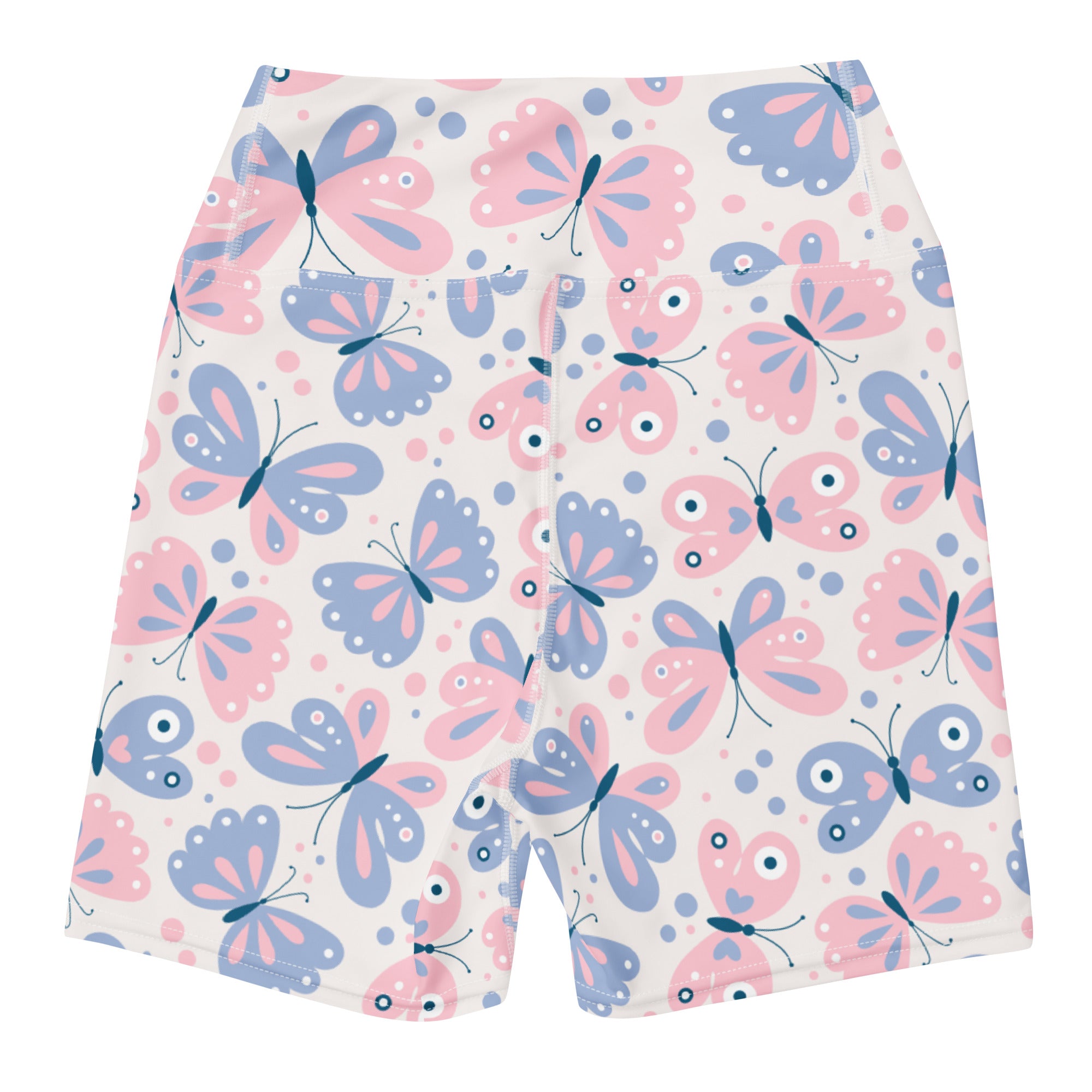Women’s high waisted buttery soft yoga shorts in pastel pink and blue with playful butterfly cartoon print on white background