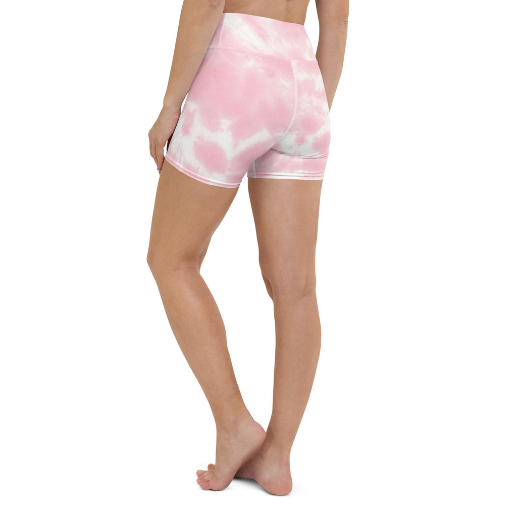 Women’s pink and white tie dye high waisted yoga shorts made from buttery soft fabric for active wear