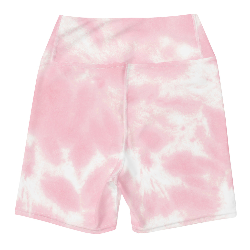 Women’s pink and white tie dye high waisted buttery soft yoga shorts perfect for activewear and workouts