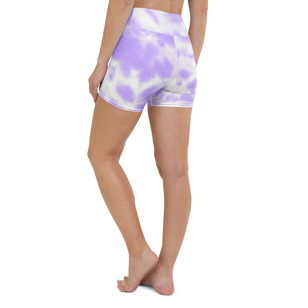 Women’s high waisted buttery soft purple and white tie dye yoga shorts designed for activewear and comfort