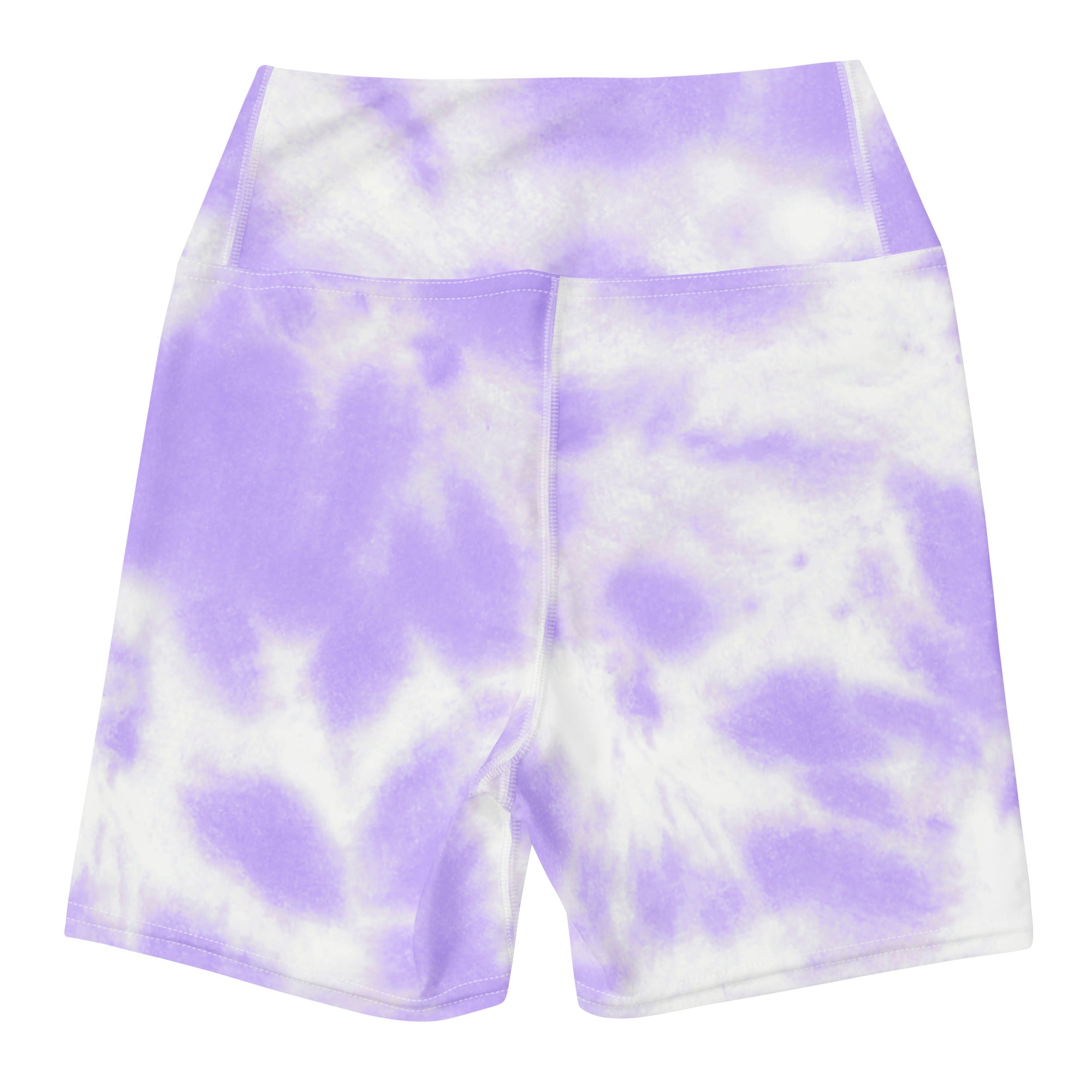 Women’s high waisted purple and white tie dye yoga shorts made from buttery soft fabric for active wear