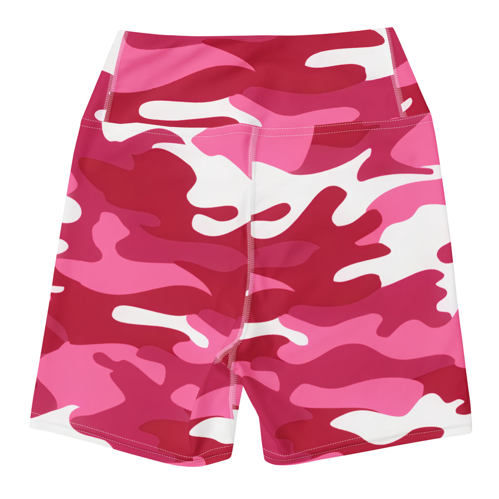 Women’s bright pink and white camouflage high waisted buttery soft yoga shorts for activewear use