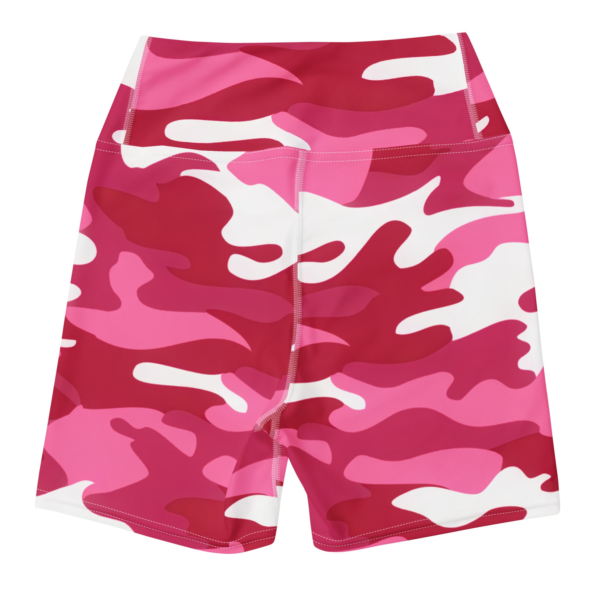 Women’s bright pink and white camouflage high waisted buttery soft yoga shorts for activewear use