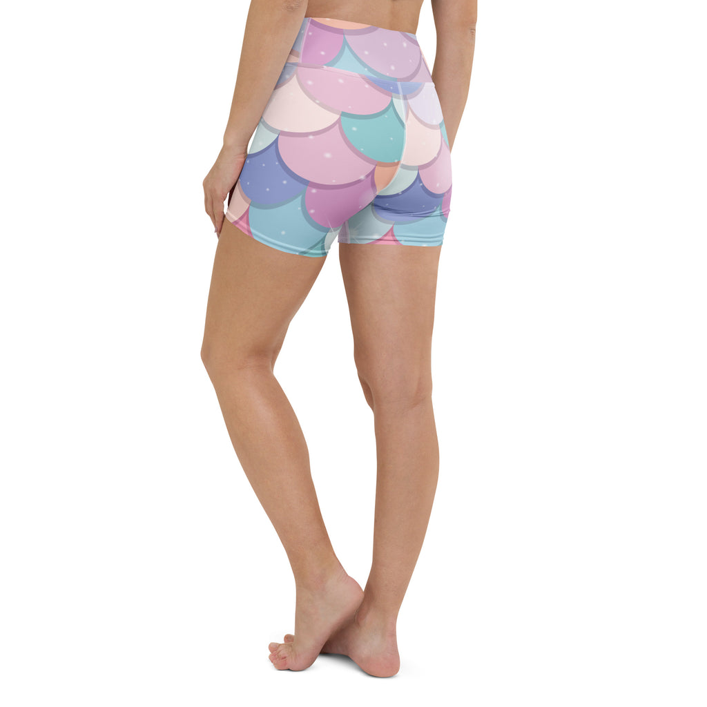 Women’s pastel-colored rainbow mermaid scale high waisted buttery soft yoga shorts for active wear