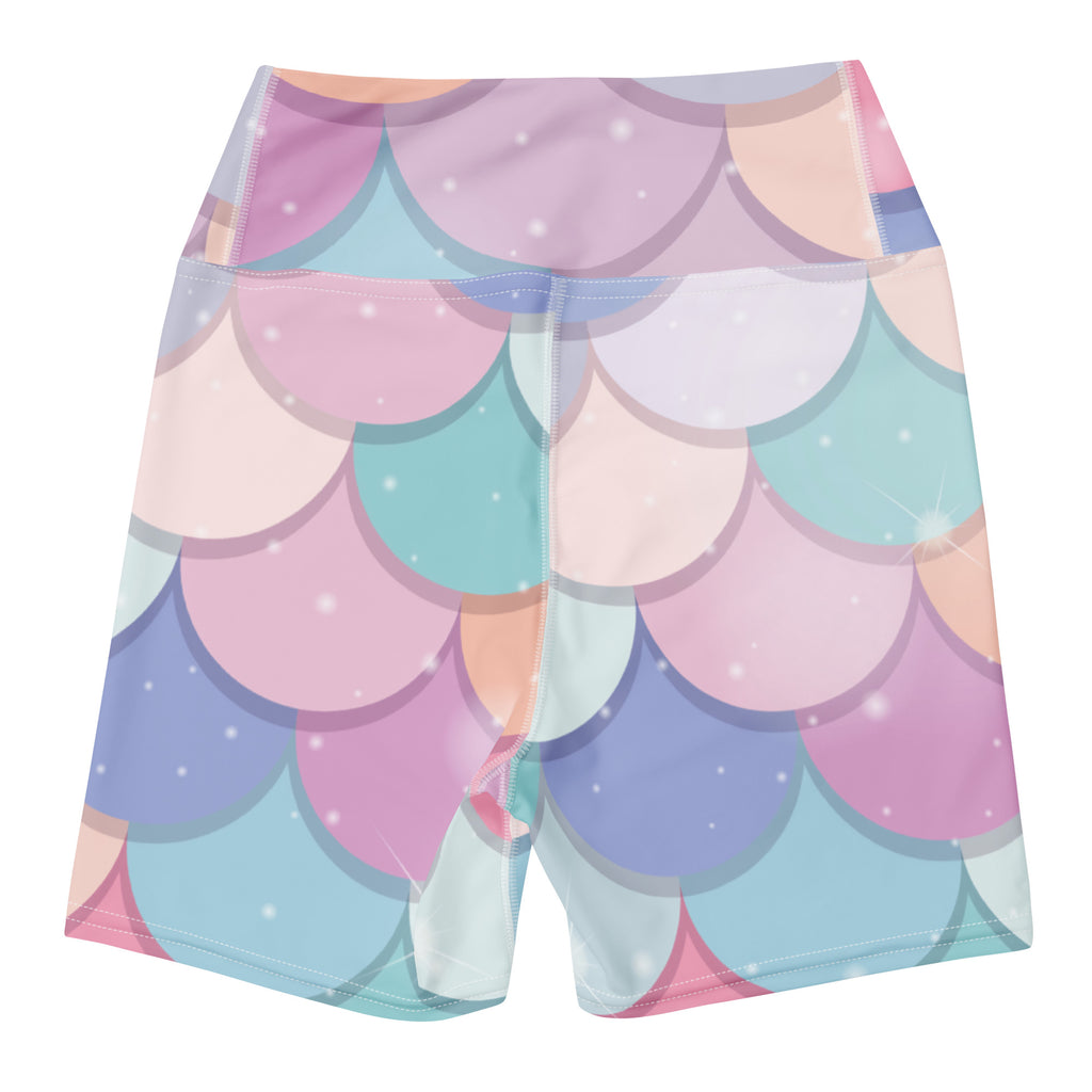 Women’s rainbow mermaid yoga shorts high waisted pastel mermaid scale pattern buttery soft active pants