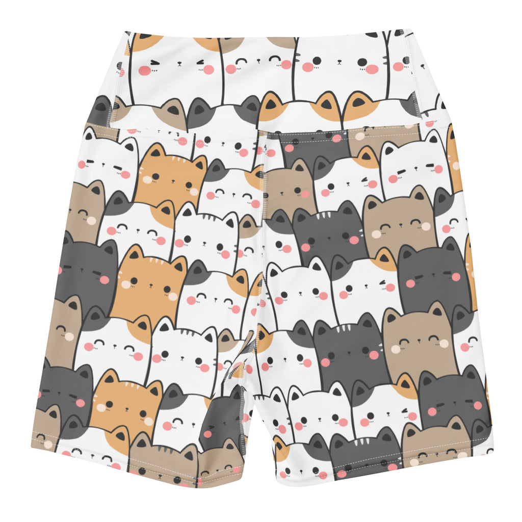 Women’s kawaii cat yoga shorts high waisted white buttery soft with playful cartoon cat pattern in gray beige and orange