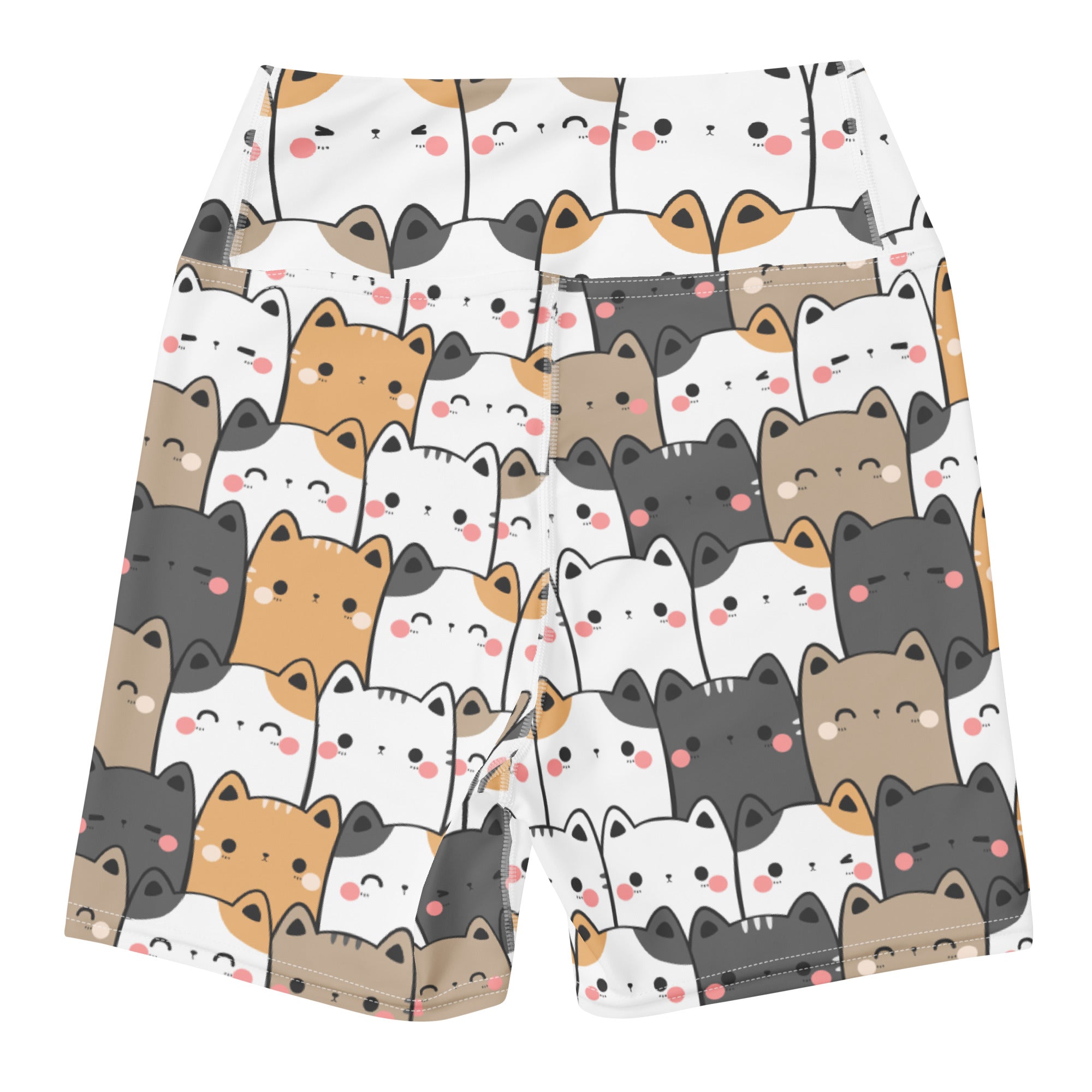 Women’s kawaii cat yoga shorts high waisted white buttery soft with playful cartoon cat pattern in gray beige and orange