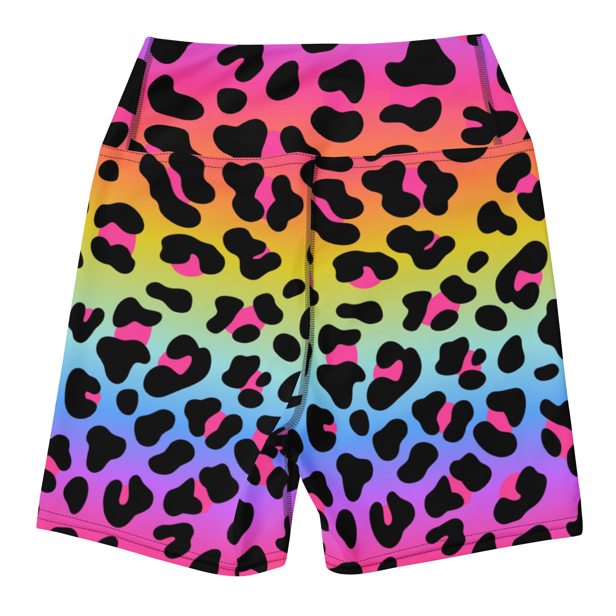 Women’s high waisted buttery soft active yoga shorts with vibrant rainbow gradient leopard print pattern