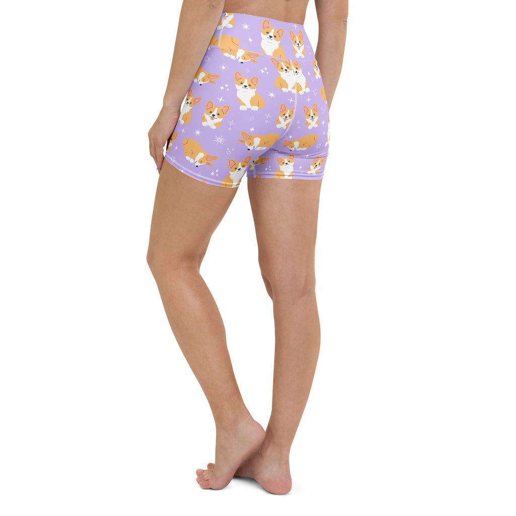 Women’s purple high waisted buttery soft yoga shorts with playful orange and white corgi and snowflake pattern