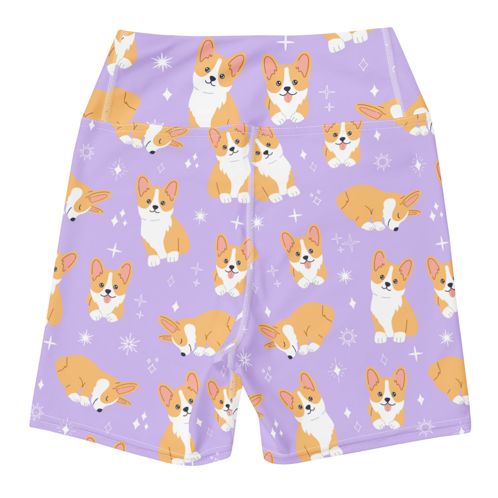 Women’s purple high waisted buttery soft yoga shorts with playful orange and white corgis and sparkling stars pattern