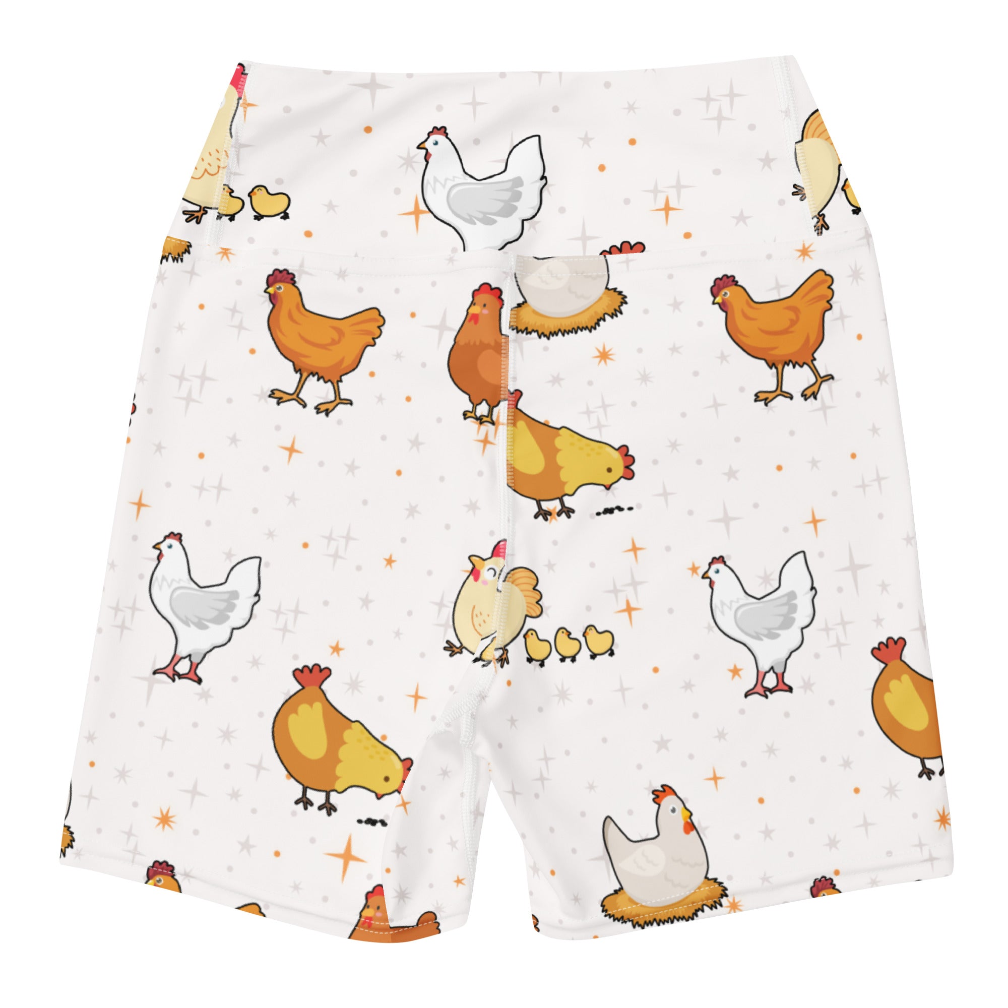 White women’s high waisted buttery soft yoga shorts with playful orange yellow and white cartoon chicken pattern and stars