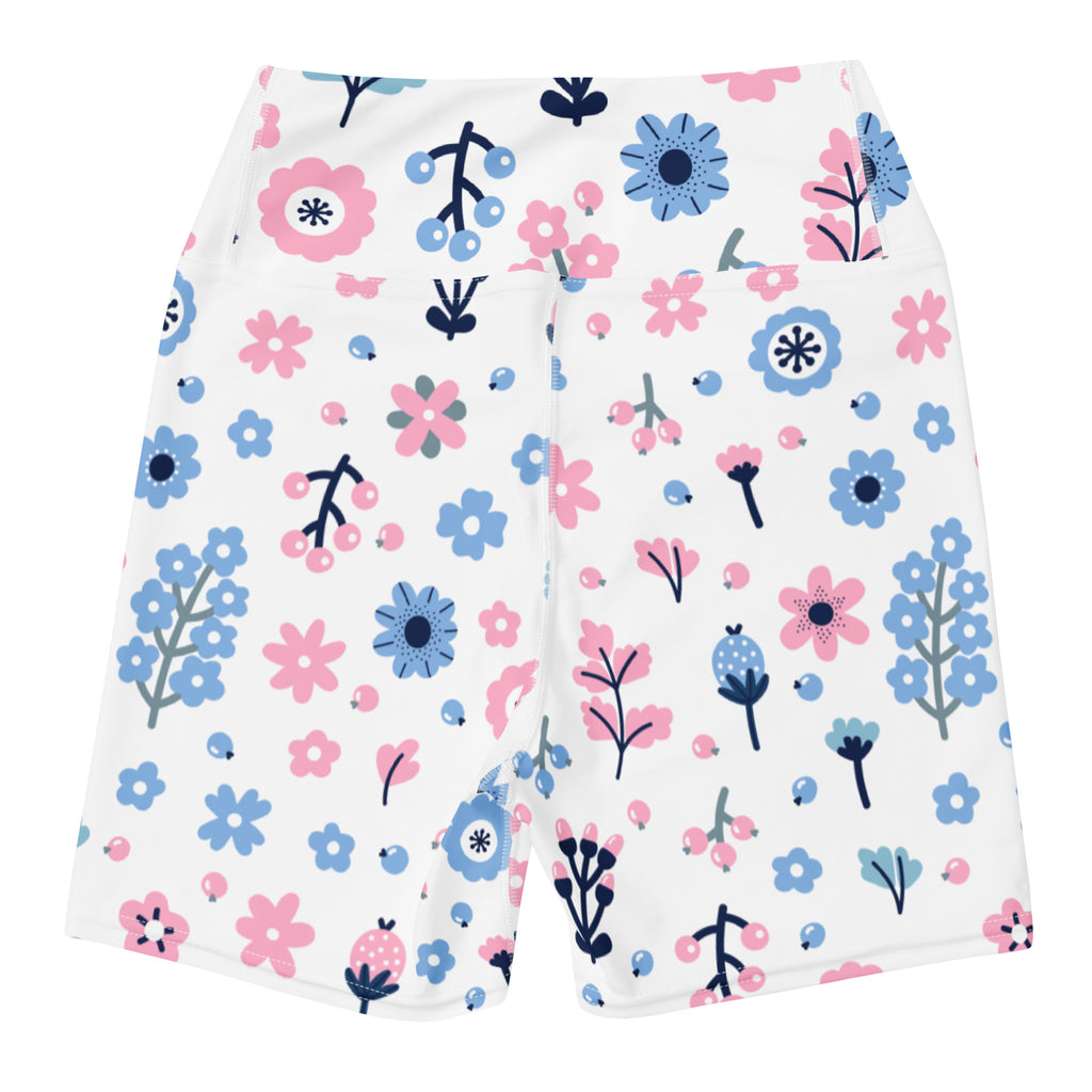 White women’s high waisted floral yoga shorts with pink blue flowers navy stems and green accents buttery soft fabric