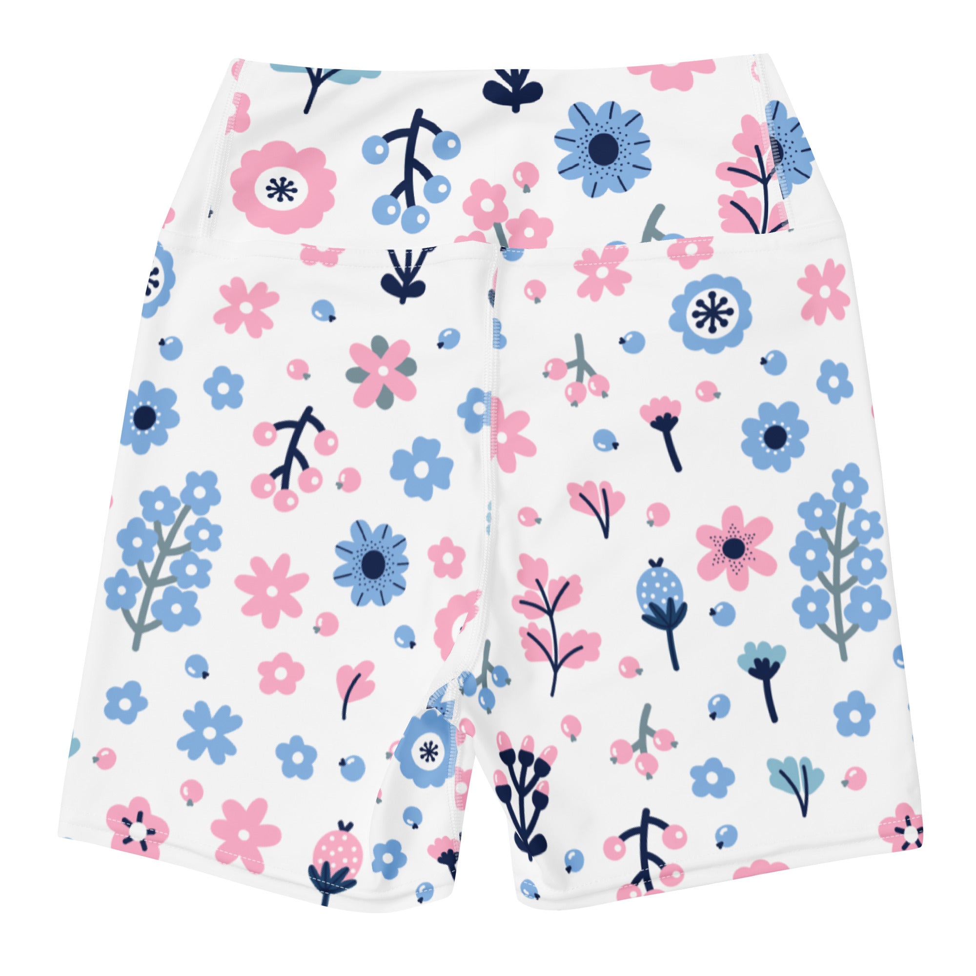 White women’s high waisted floral yoga shorts with pink blue flowers navy stems and green accents buttery soft fabric