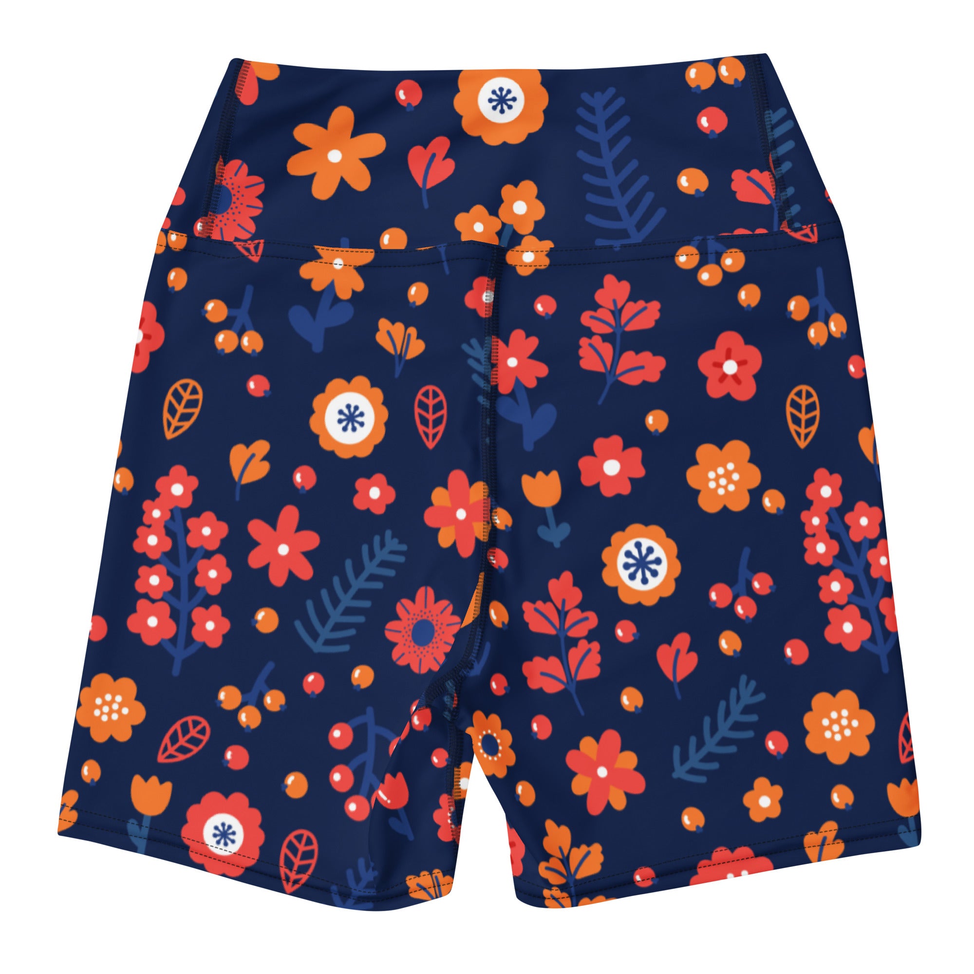 Women’s navy floral yoga shorts with high waisted buttery soft fabric featuring vibrant orange red and teal blossoms