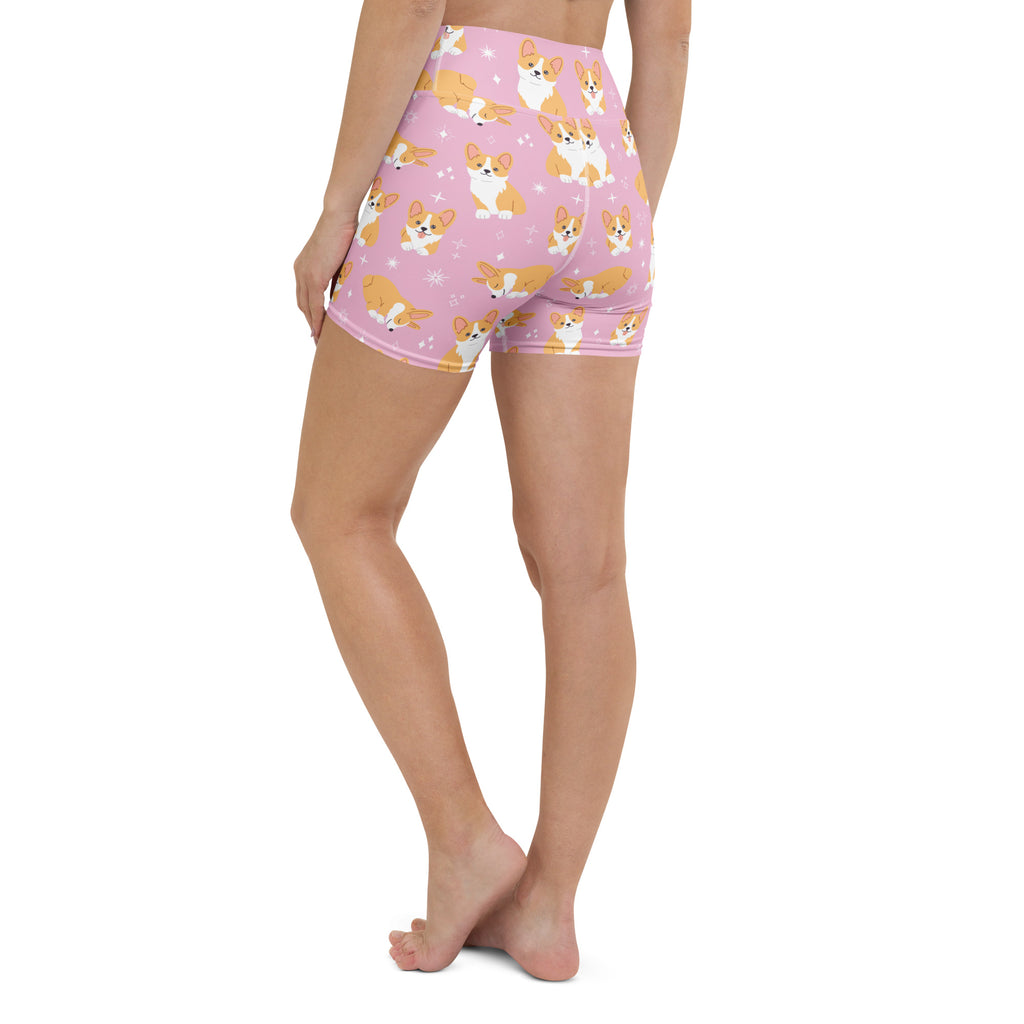 Women’s pink high waisted buttery soft yoga shorts with tan and white cartoon corgi dog pattern