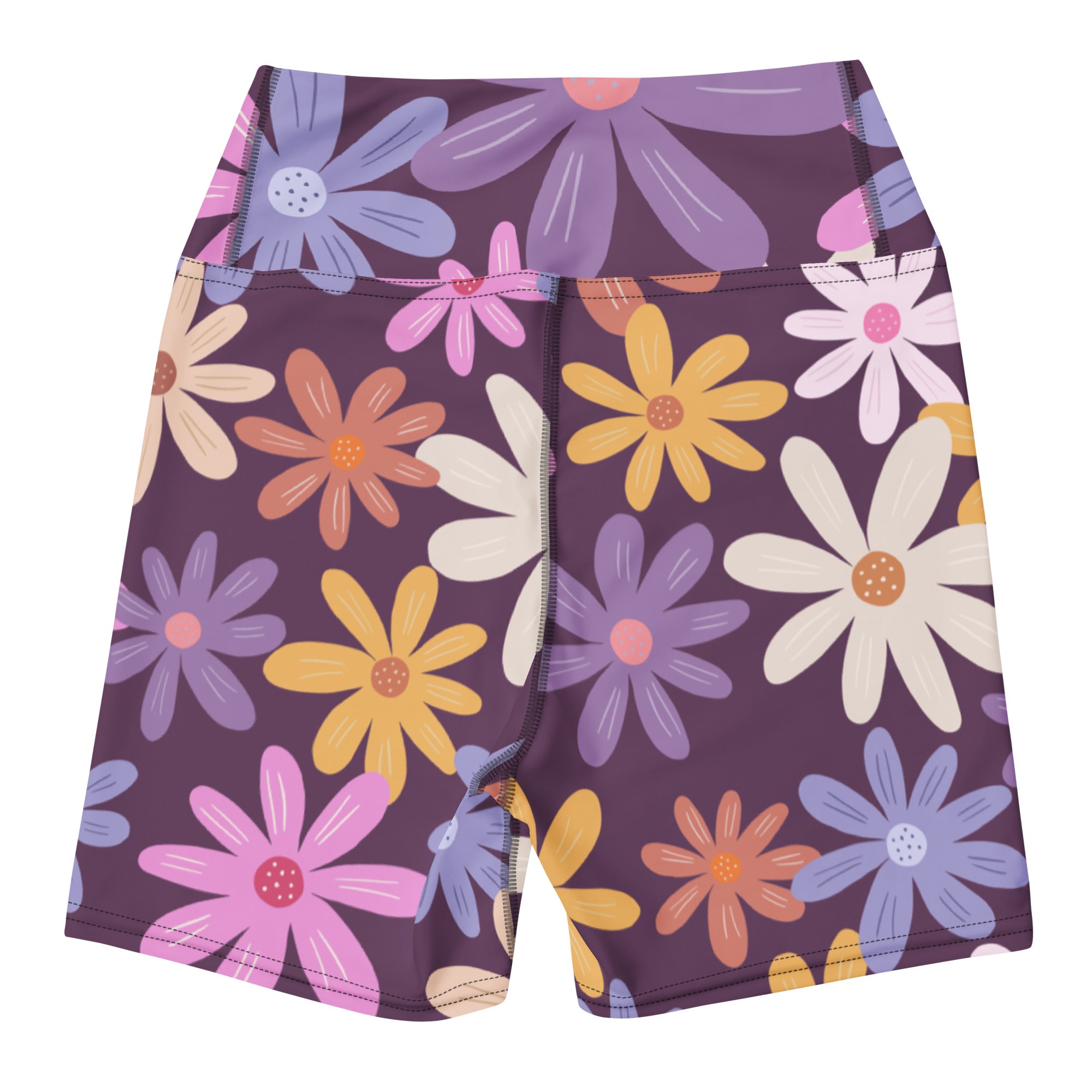 Women’s purple floral yoga shorts with a vibrant pink yellow and white daisy pattern and high waisted buttery soft fabric