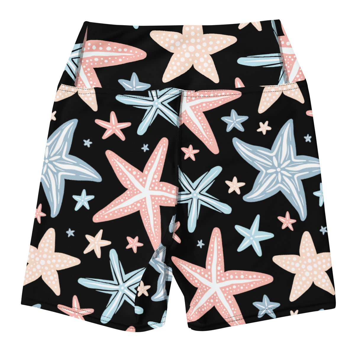 Women’s black high waisted buttery soft yoga shorts with playful pink light blue and beige starfish pattern