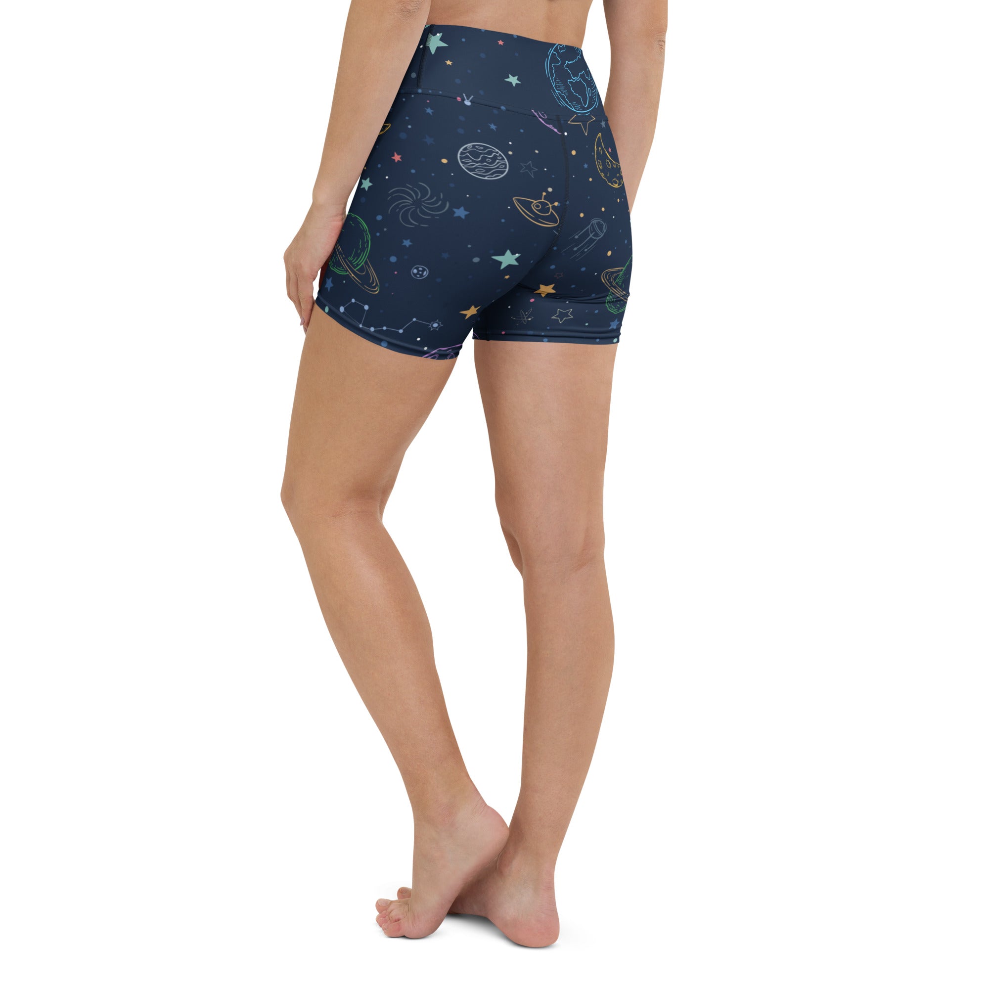 Women’s dark blue high waisted buttery soft yoga shorts with colorful cosmic planet star and constellation pattern