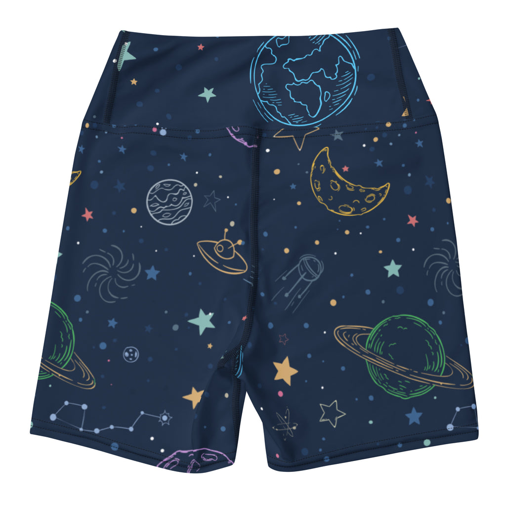 Women’s dark blue high waisted buttery soft yoga shorts with colorful galaxy planets stars moons and ufo illustrations