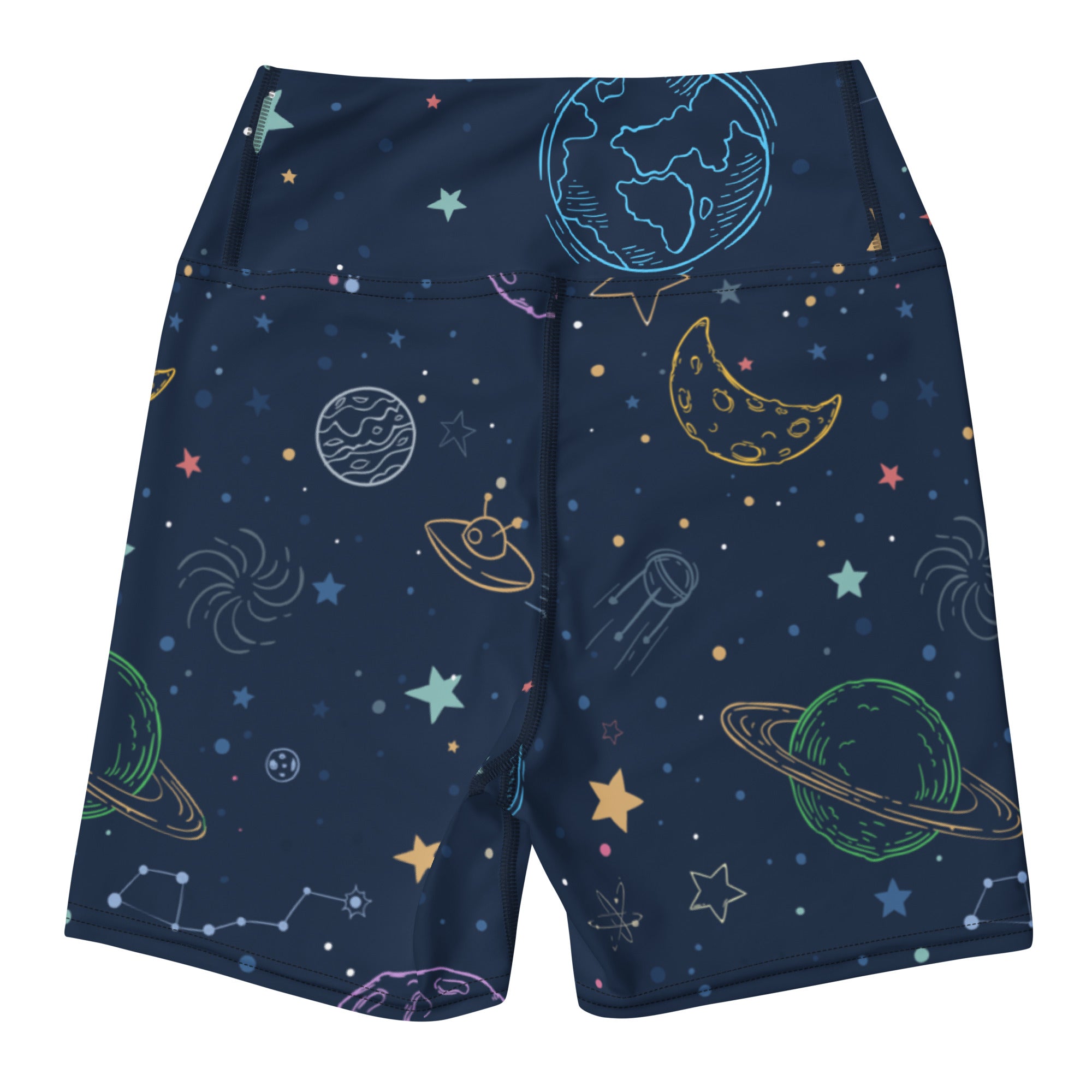 Women’s dark blue high waisted buttery soft yoga shorts with colorful galaxy planets stars moons and ufo illustrations